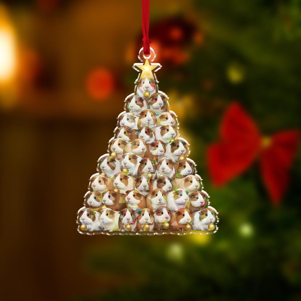Acrylic Guinea Pig Tree Hologram Ornament — Brown & White Guinea Pigs with Gold Baubles