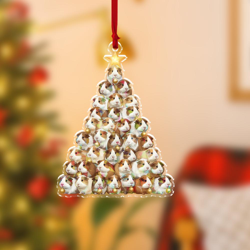 Acrylic Guinea Pig Tree Hologram Ornament — Brown & White Guinea Pigs with Gold Baubles