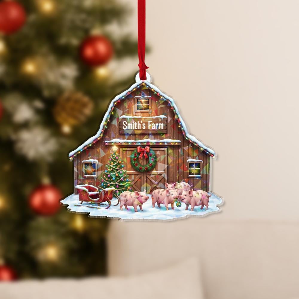 Holographic Farm Barn Ornament — Pigs in Front with Snow Detail