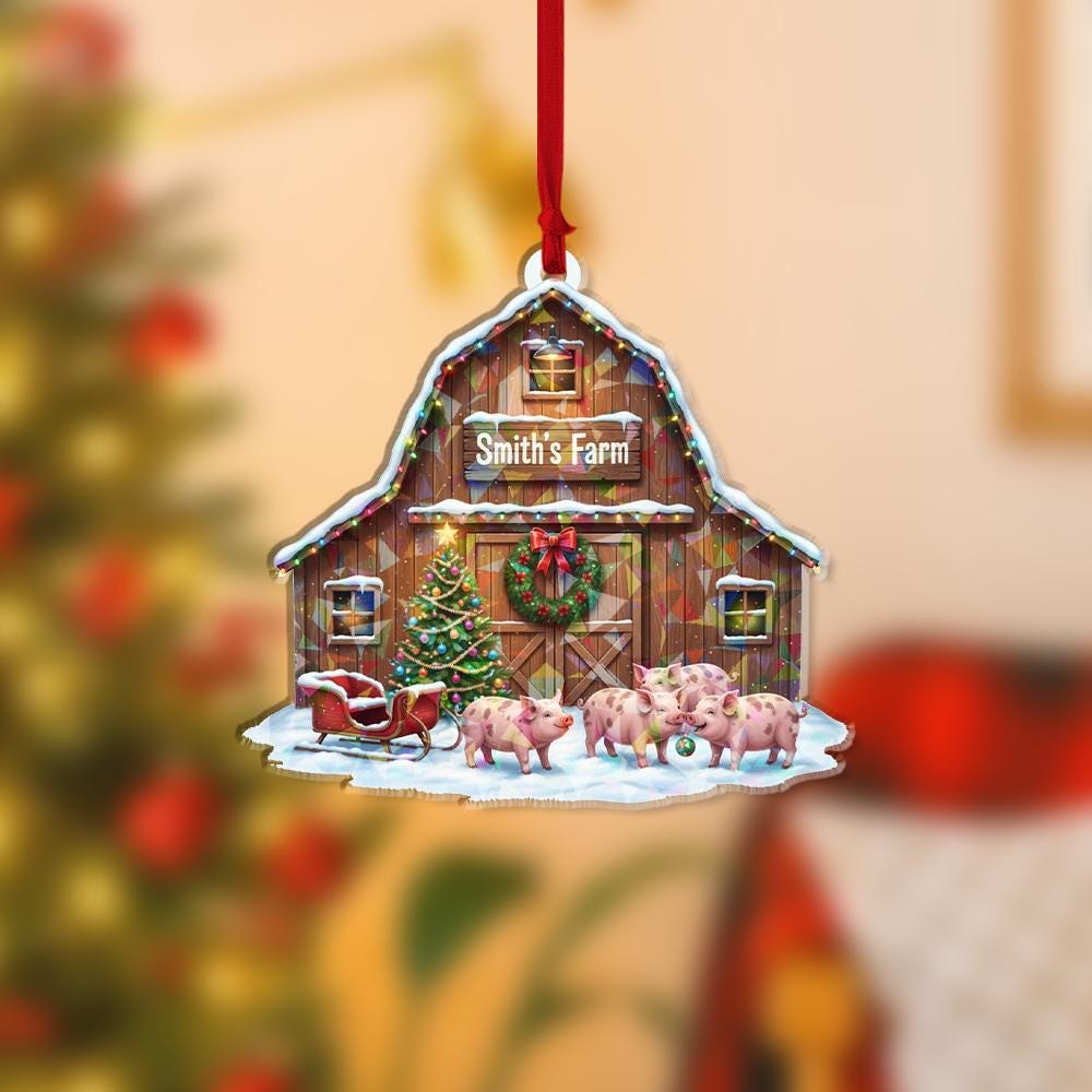 Holographic Farm Barn Ornament — Pigs in Front with Snow Detail