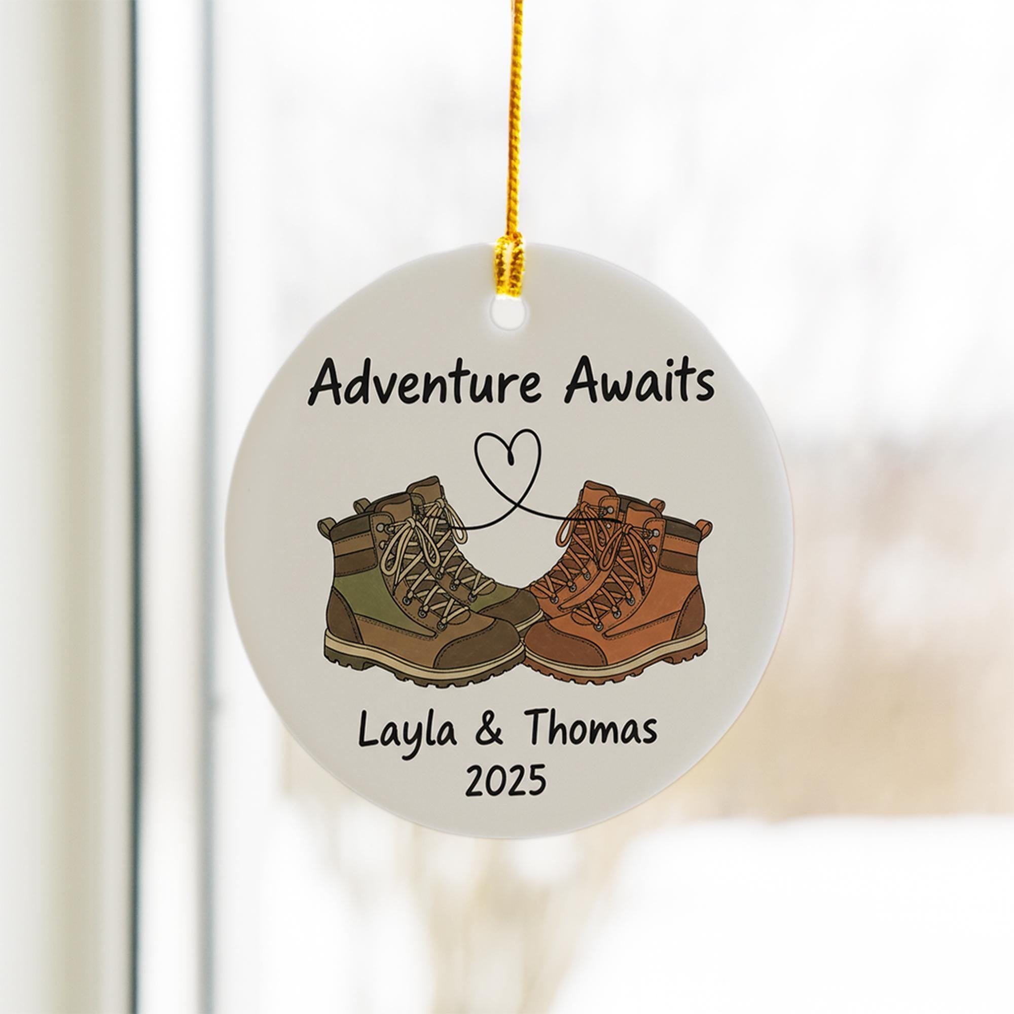 Personalized Hiking Ornament – Ceramic Adventure Awaits Design with Boots, Couples Christmas Decoration
