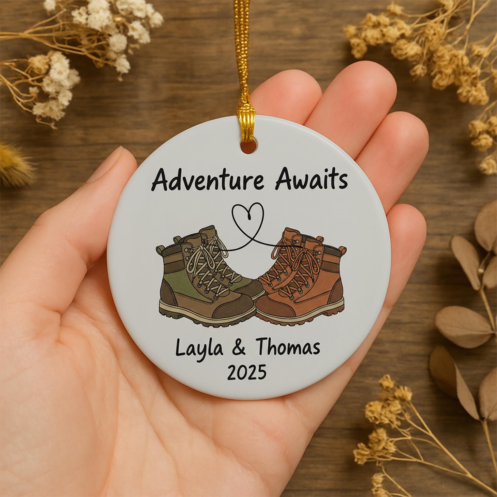 Personalized Hiking Ornament – Ceramic Adventure Awaits Design with Boots, Couples Christmas Decoration