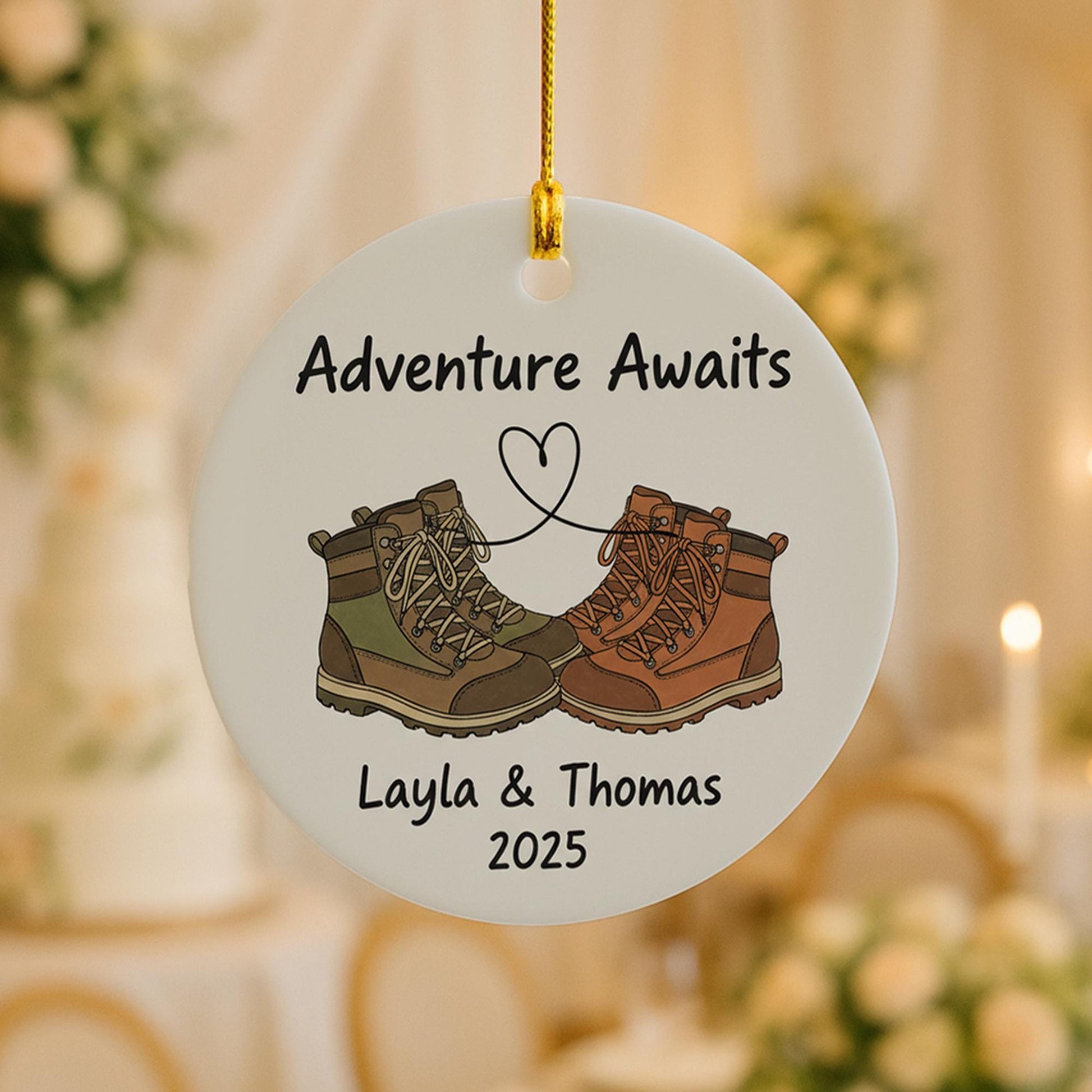 Personalized Hiking Ornament – Ceramic Adventure Awaits Design with Boots, Couples Christmas Decoration