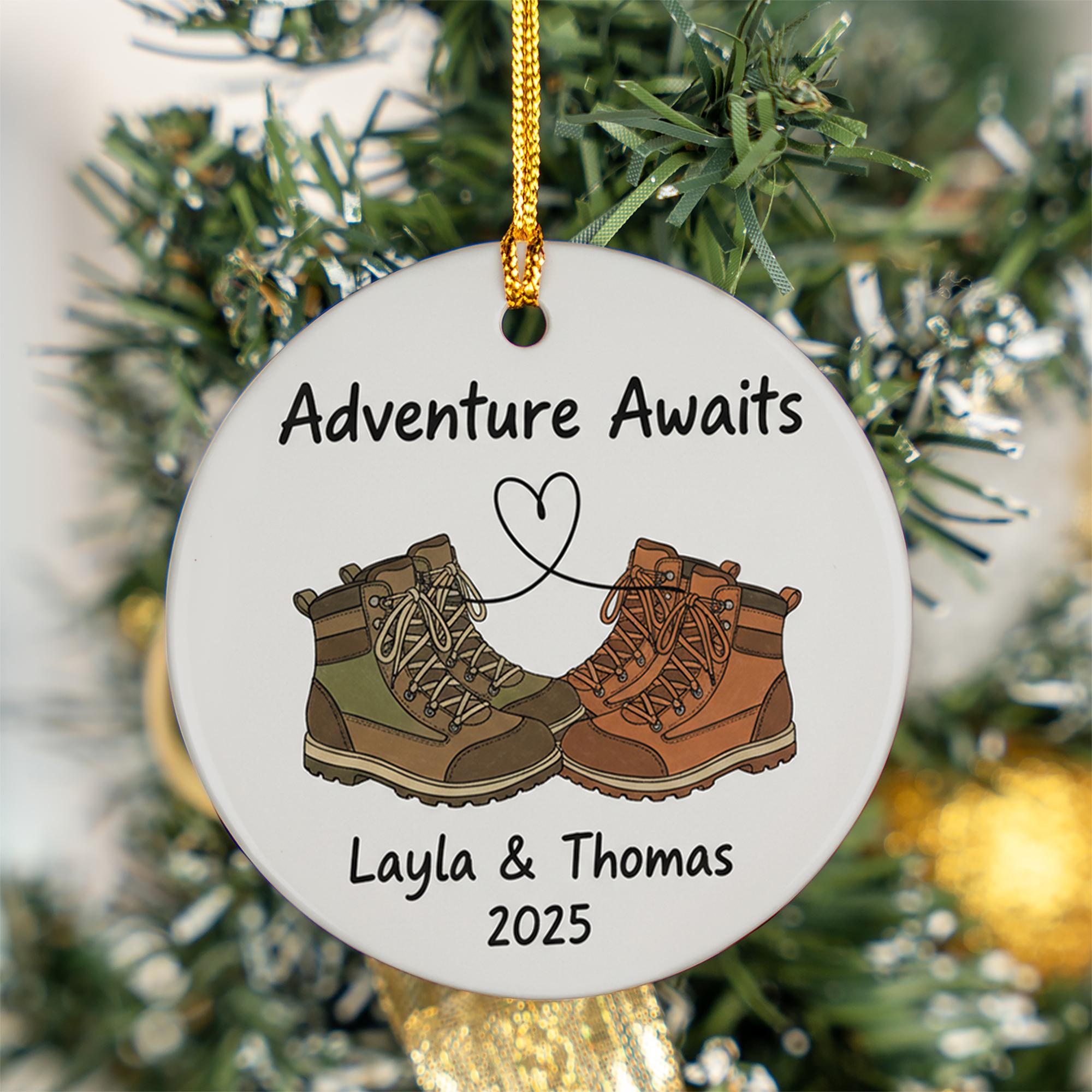 Personalized Hiking Ornament – Ceramic Adventure Awaits Design with Boots, Couples Christmas Decoration