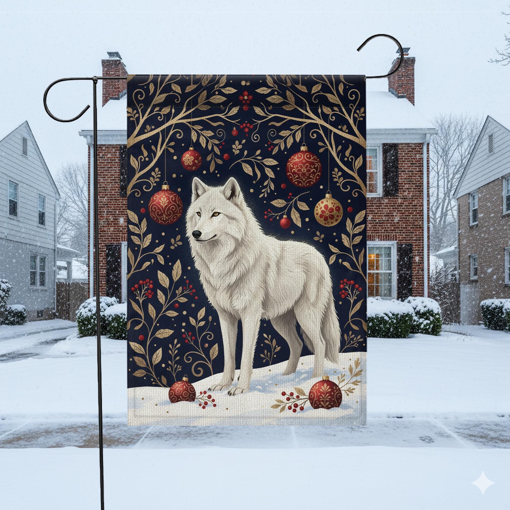 Winter Wolf Flag – Polyester Garden Decoration with Snow Scene and Christmas Design
