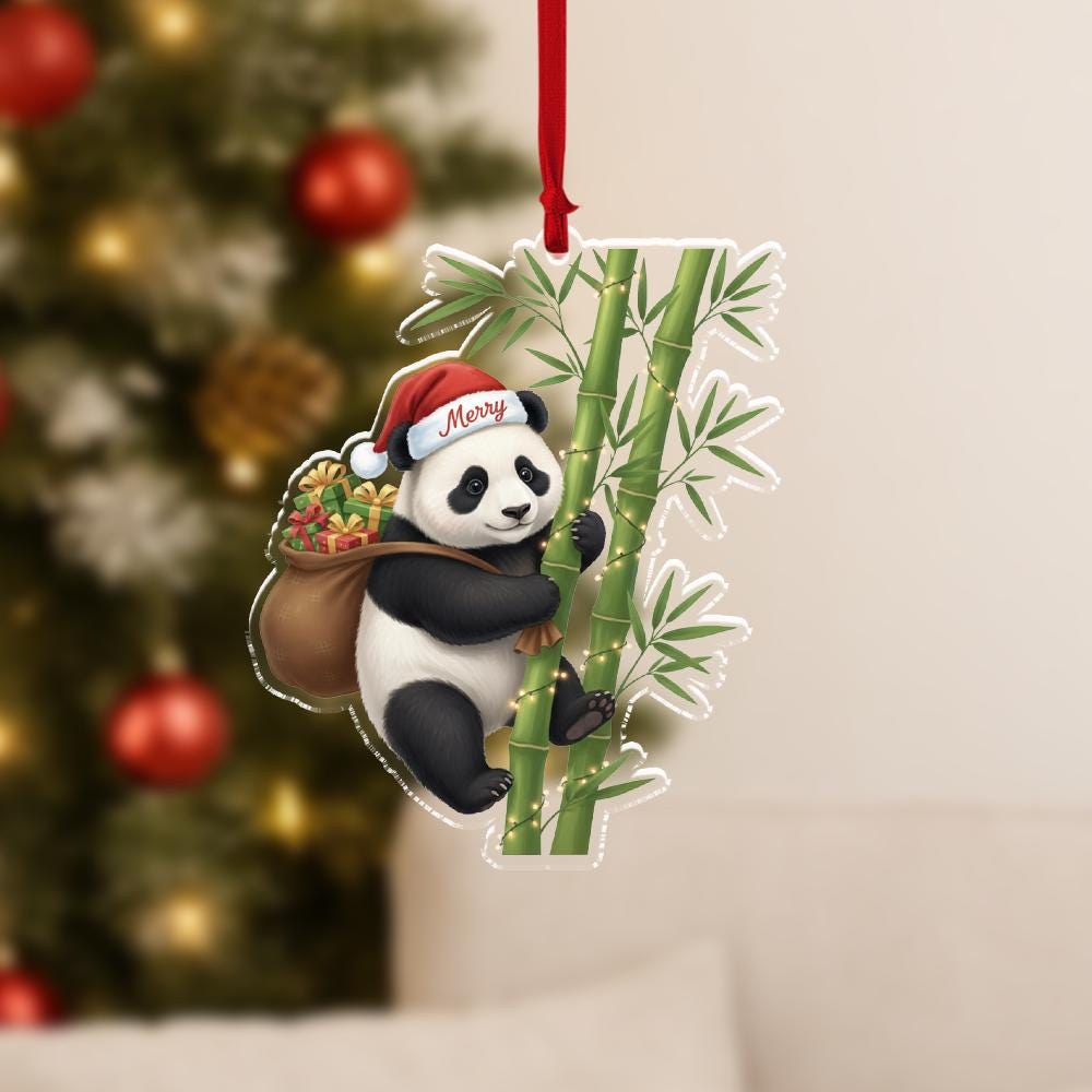 Acrylic Panda Ornament — Panda Climbing Bamboo with Holiday Detail