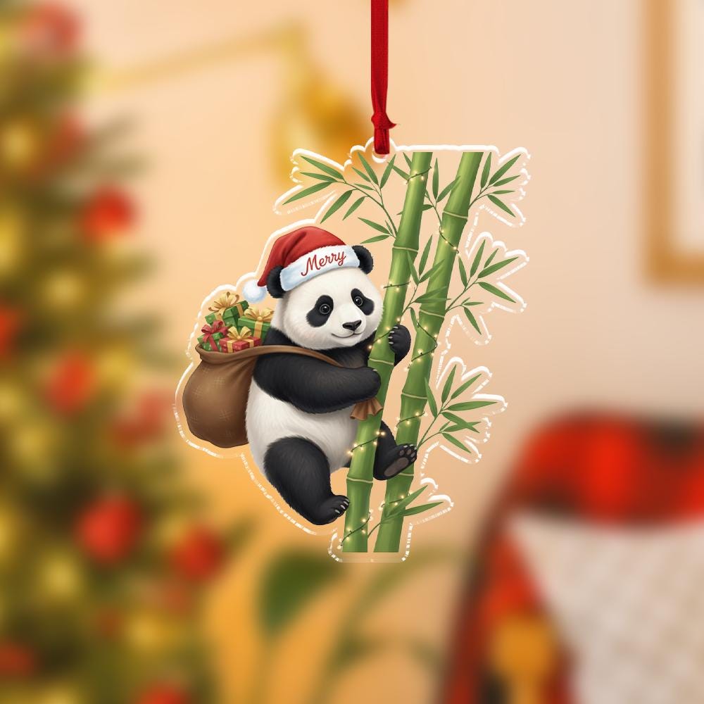 Acrylic Panda Ornament — Panda Climbing Bamboo with Holiday Detail