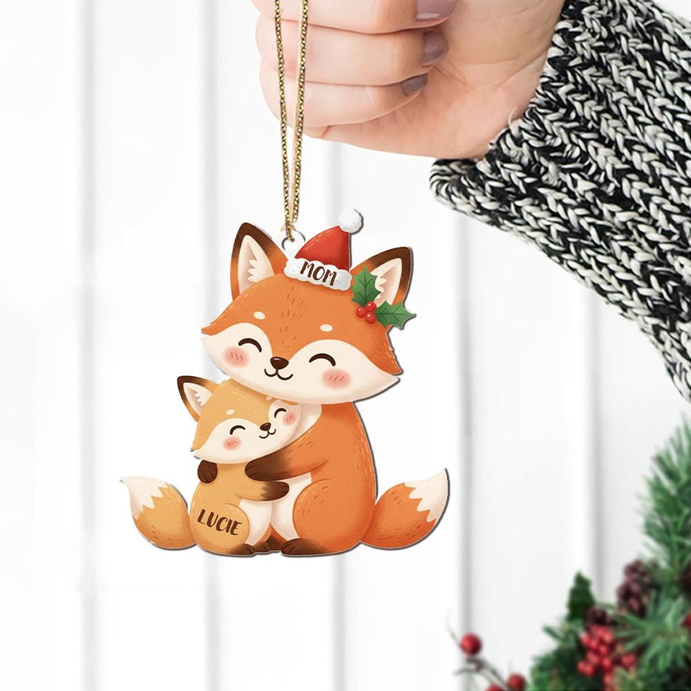 Acrylic Fox Ornament — Pair of Foxes with Holiday Hat Detail