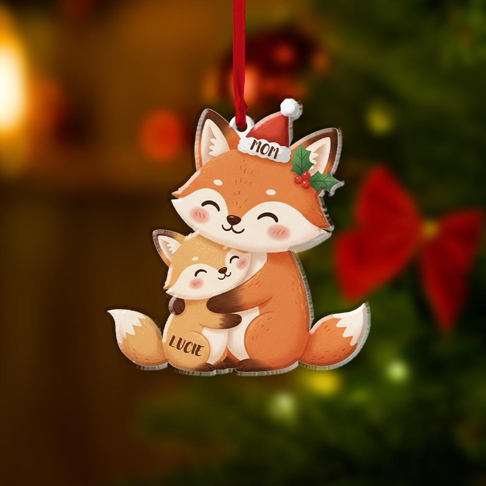 Acrylic Fox Ornament — Pair of Foxes with Holiday Hat Detail