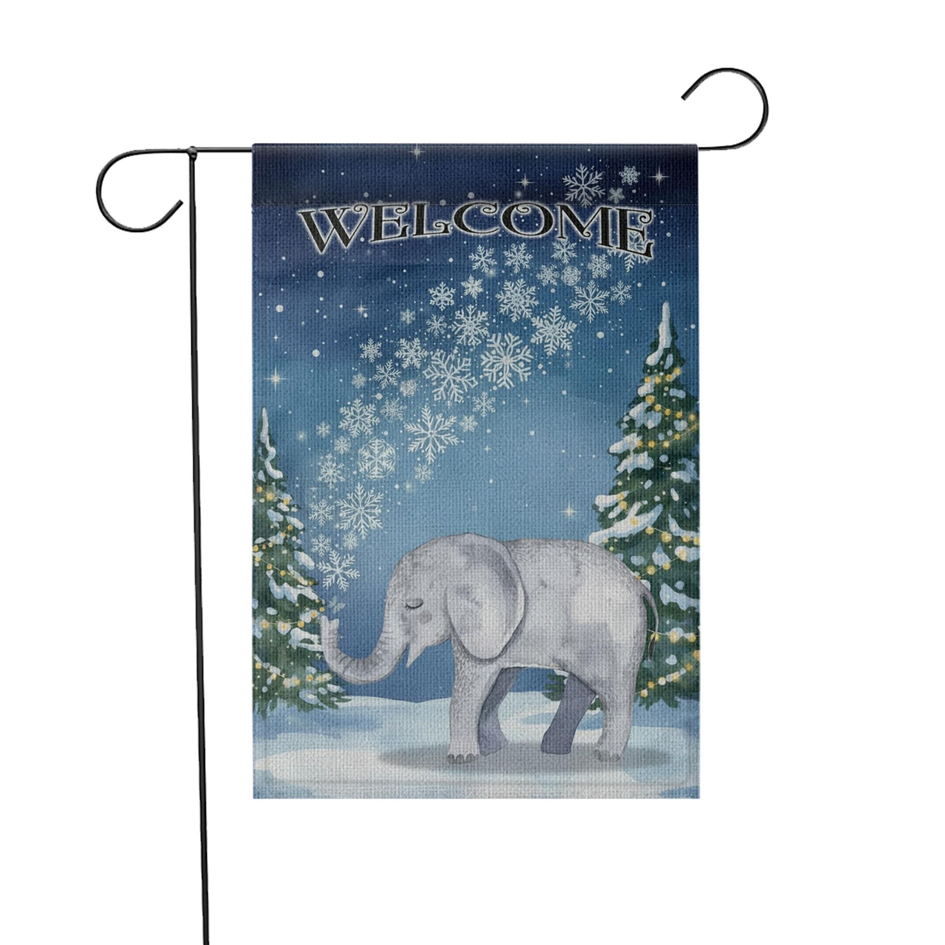 Winter Garden Flag – Welcome Outdoor Yard Banner with Elephant and Snowflake Design