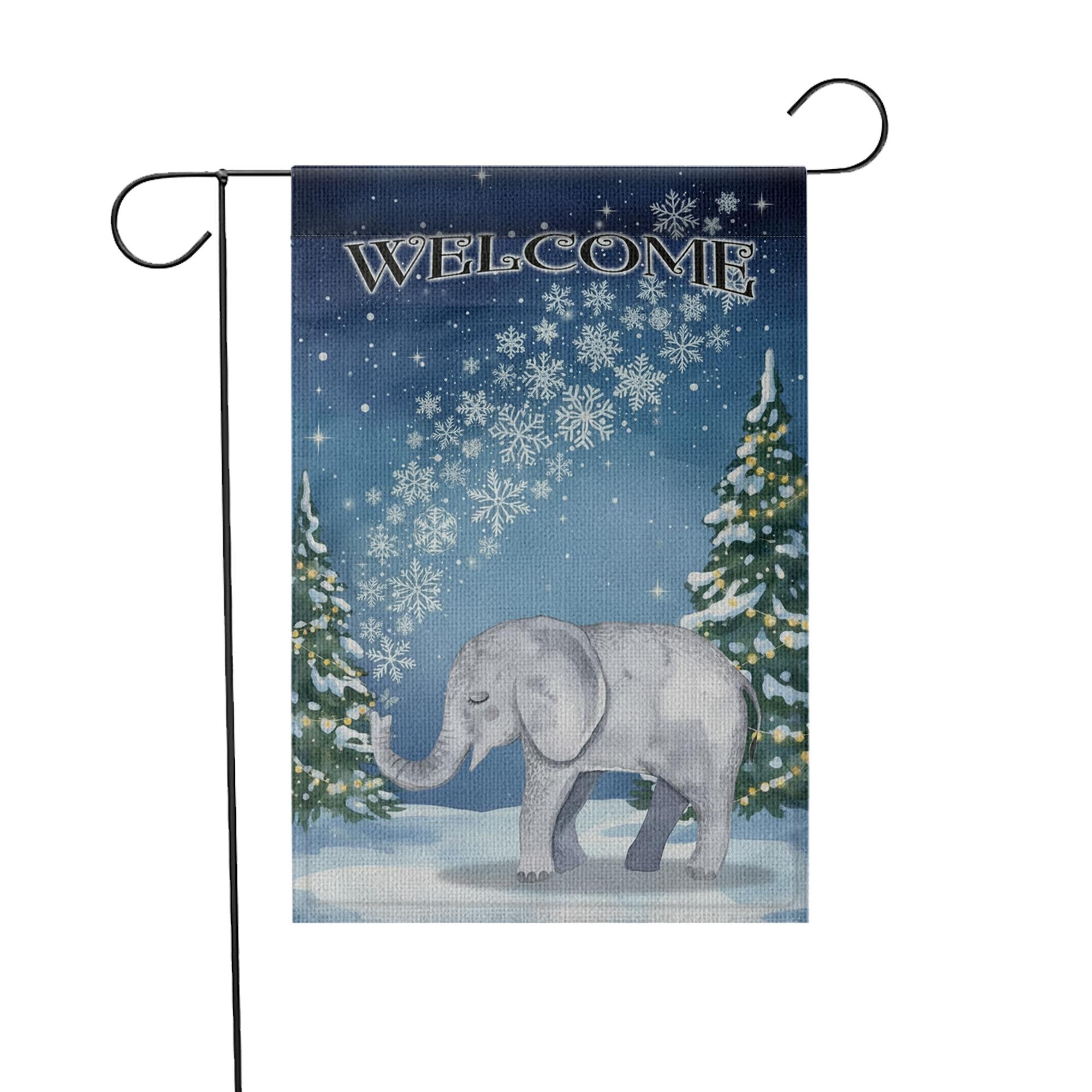 Winter Garden Flag – Welcome Outdoor Yard Banner with Elephant and Snowflake Design