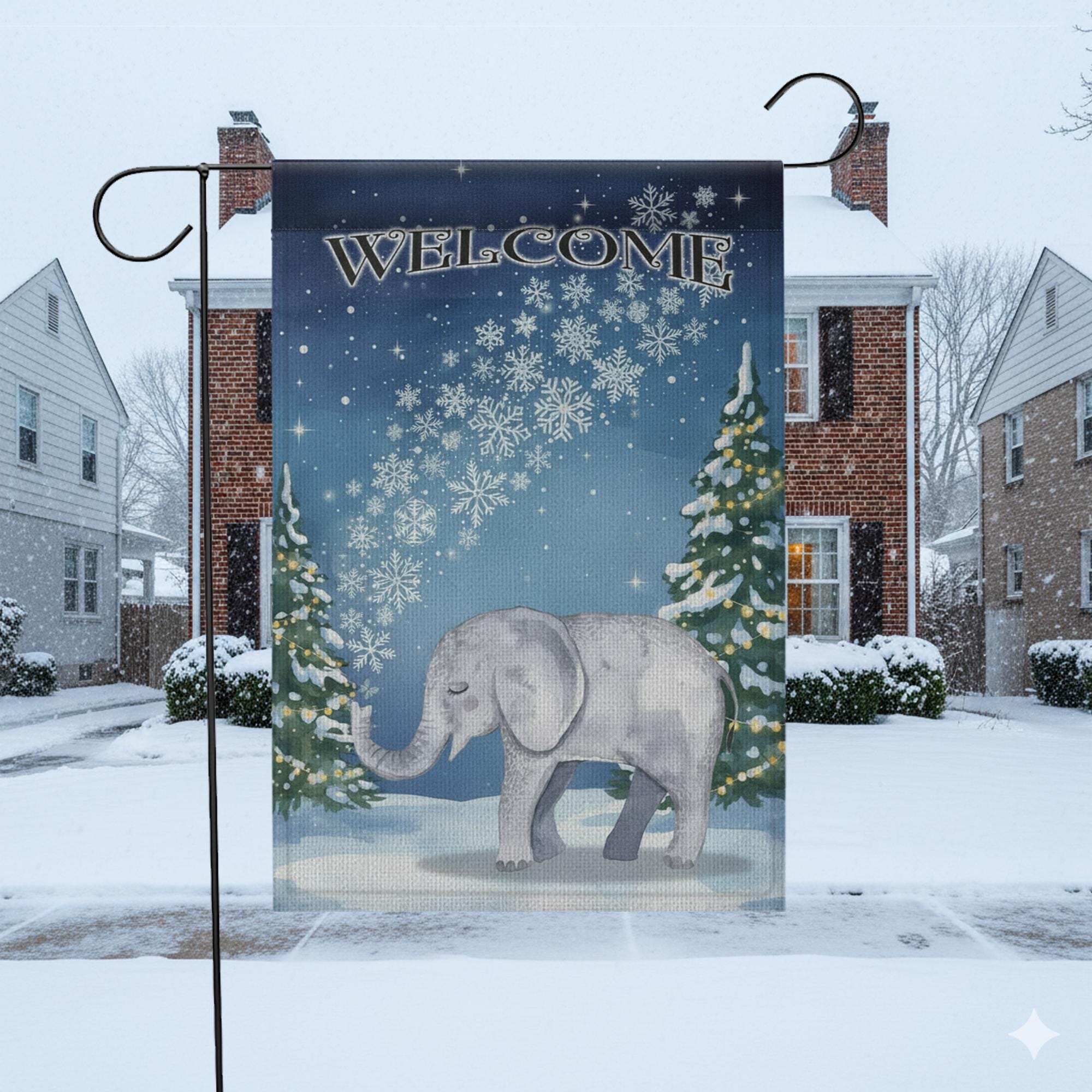 Winter Garden Flag – Welcome Outdoor Yard Banner with Elephant and Snowflake Design