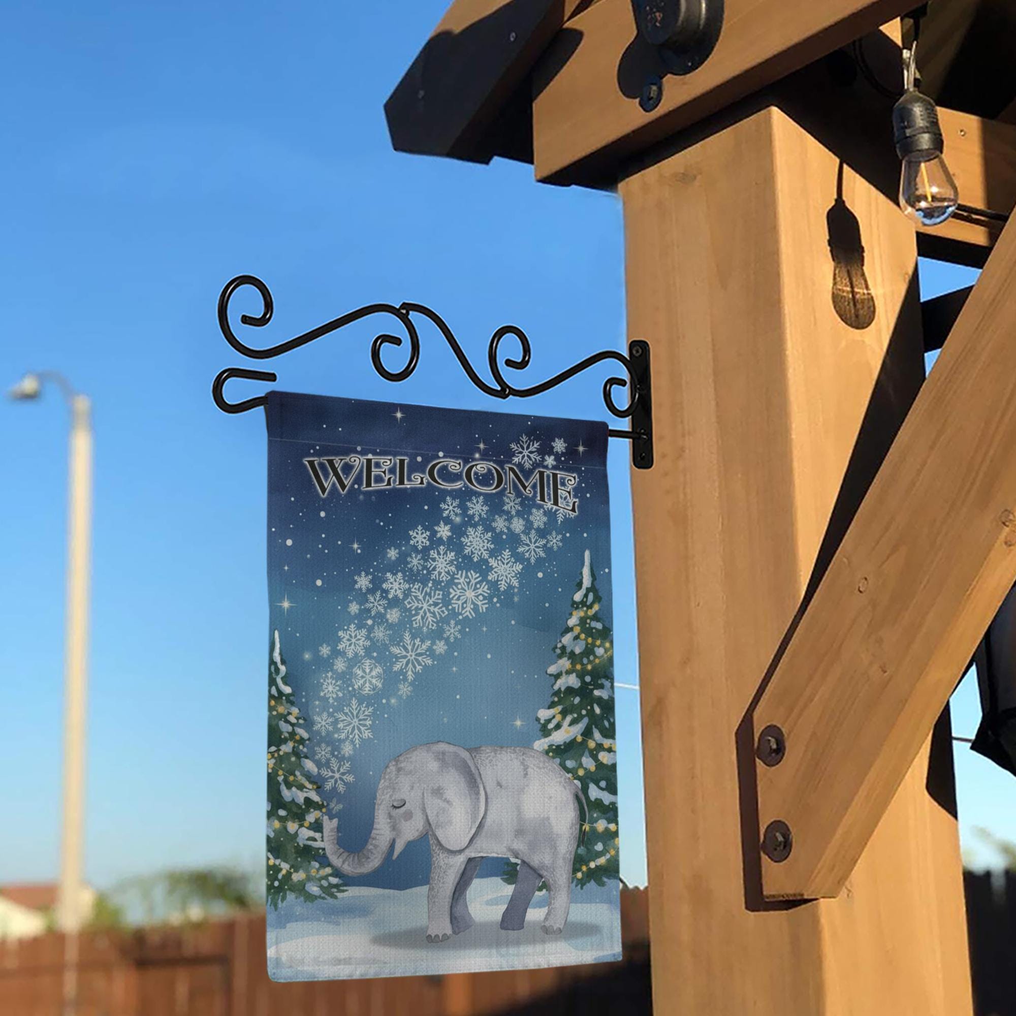 Winter Garden Flag – Welcome Outdoor Yard Banner with Elephant and Snowflake Design