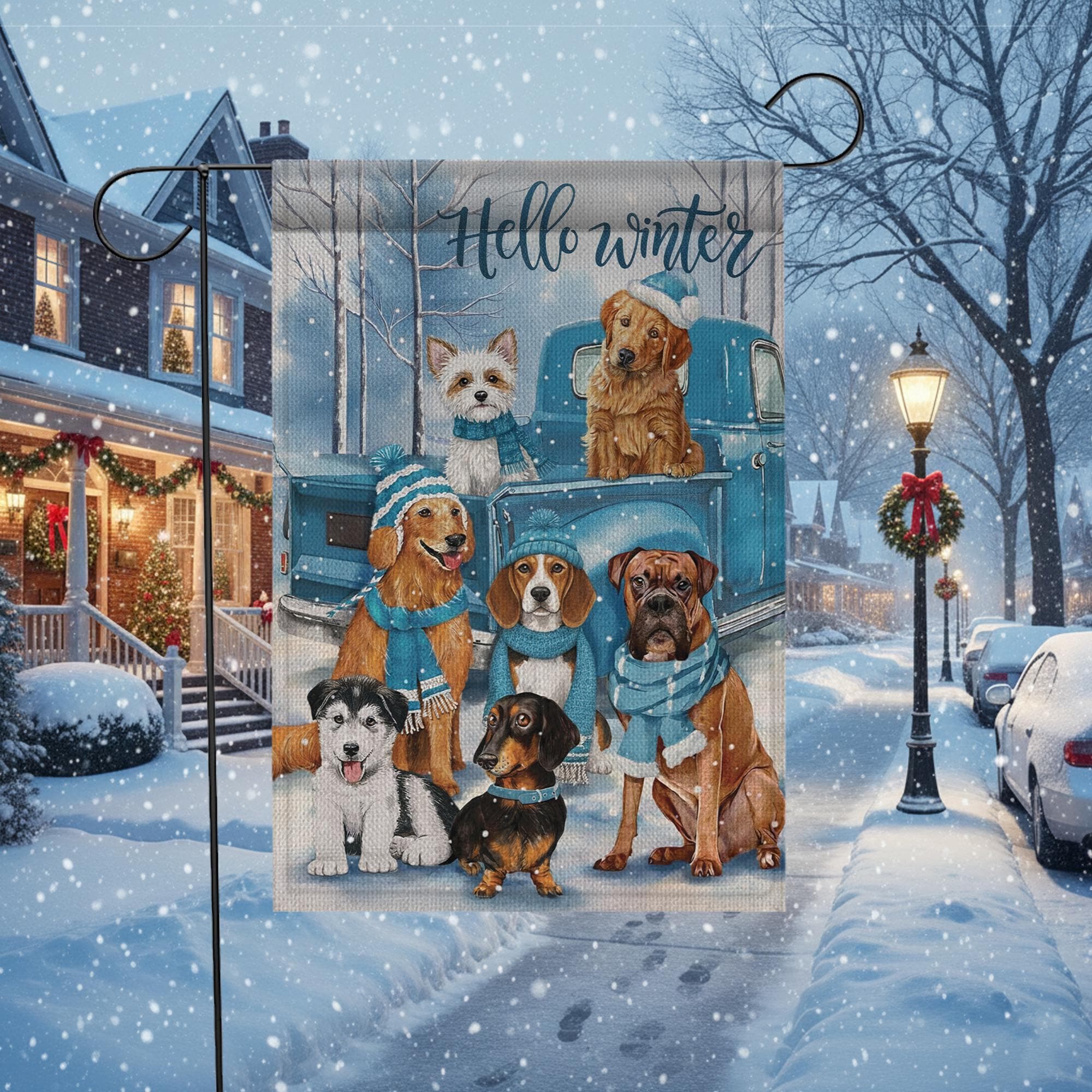 Winter Dog Garden Flag – Hello Winter Outdoor Yard Banner with Truck and Snow Scene