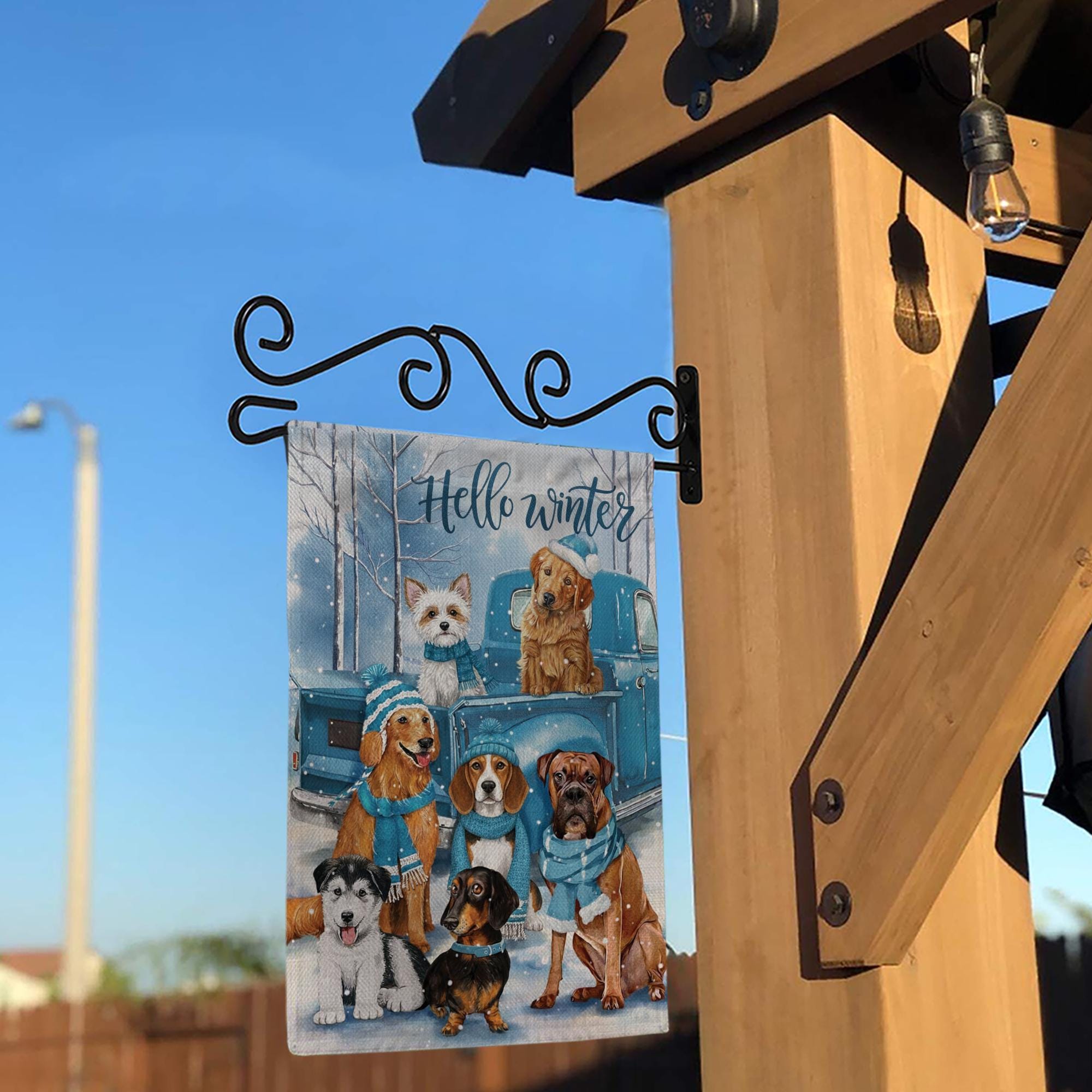 Winter Dog Garden Flag – Hello Winter Outdoor Yard Banner with Truck and Snow Scene