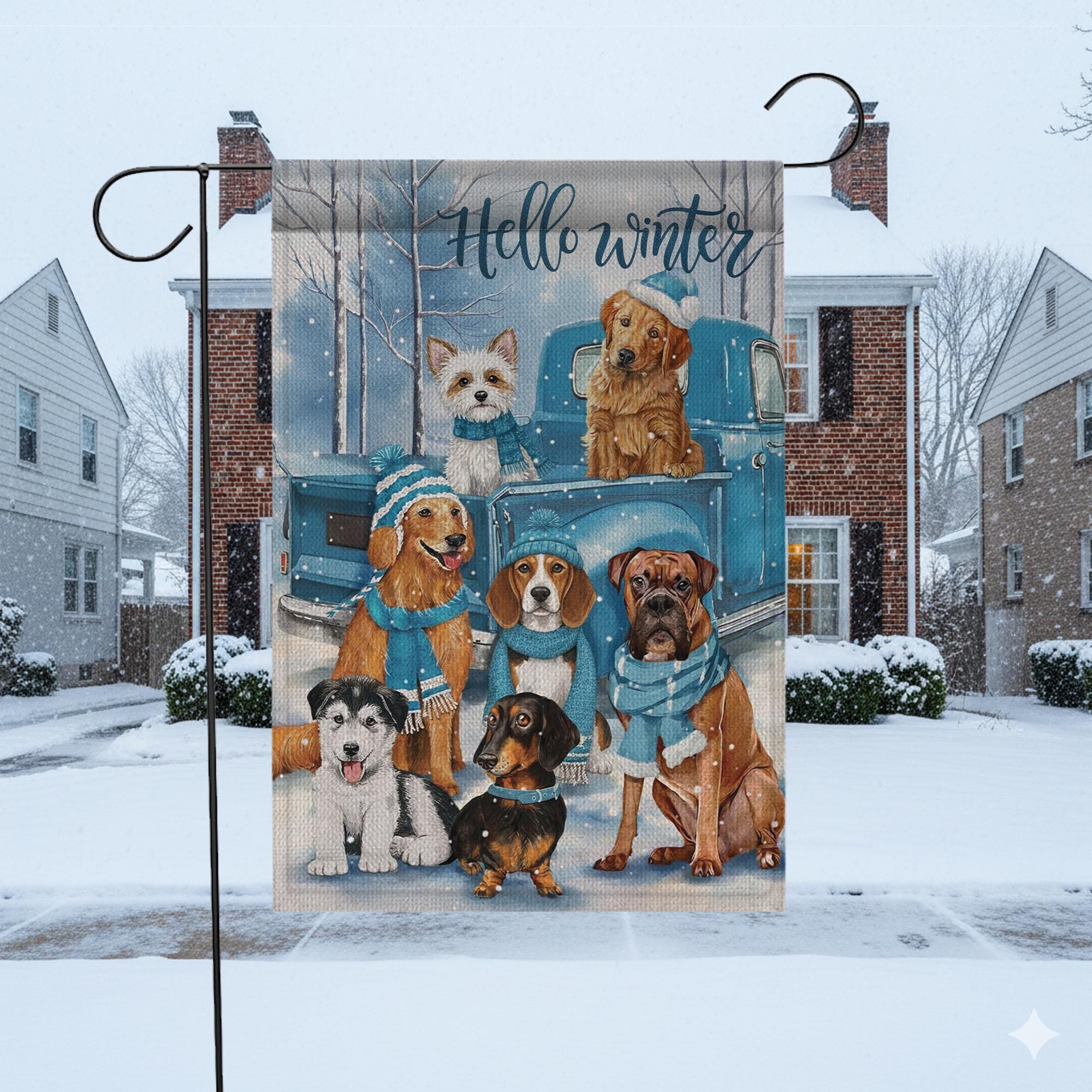 Winter Dog Garden Flag – Hello Winter Outdoor Yard Banner with Truck and Snow Scene