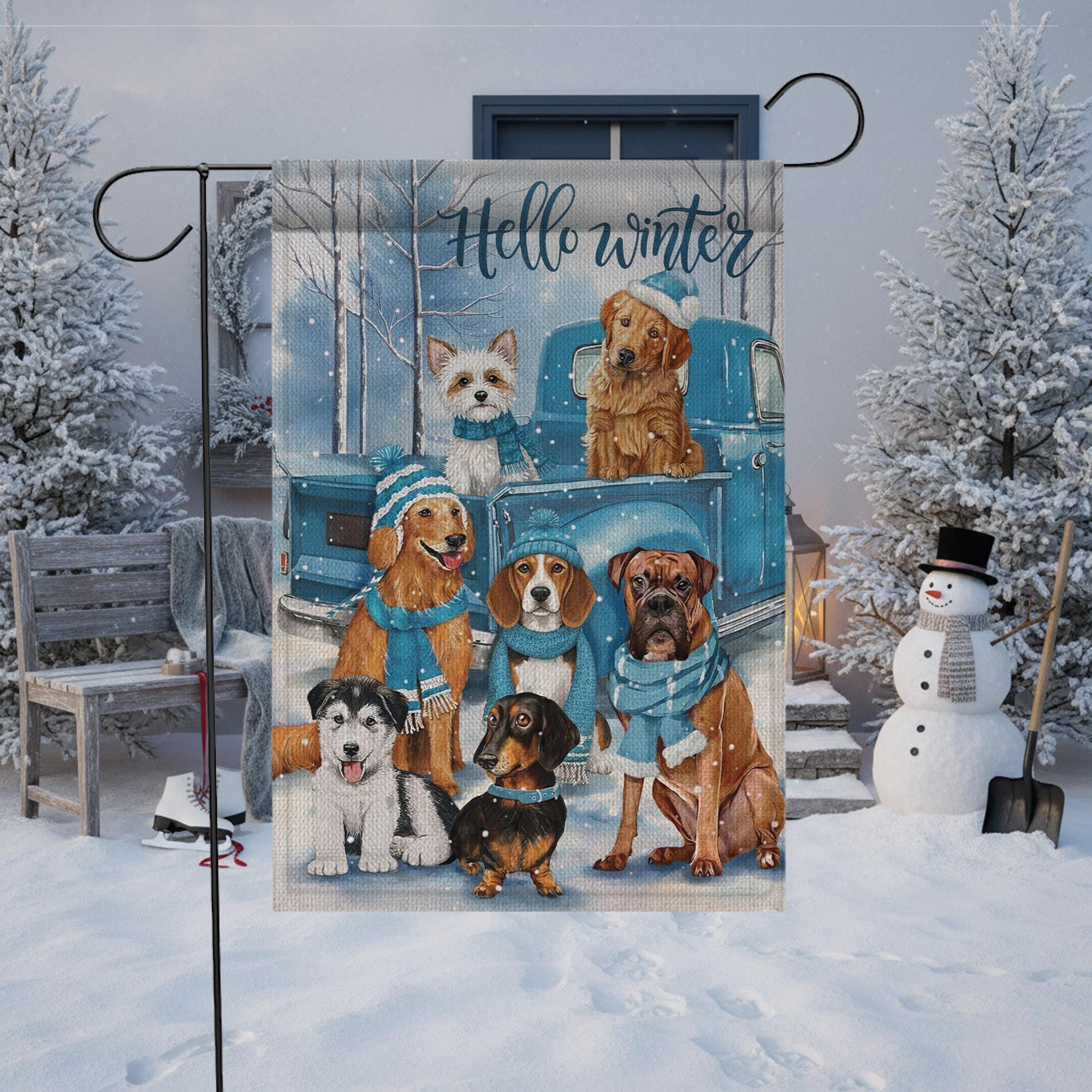 Winter Dog Garden Flag – Hello Winter Outdoor Yard Banner with Truck and Snow Scene