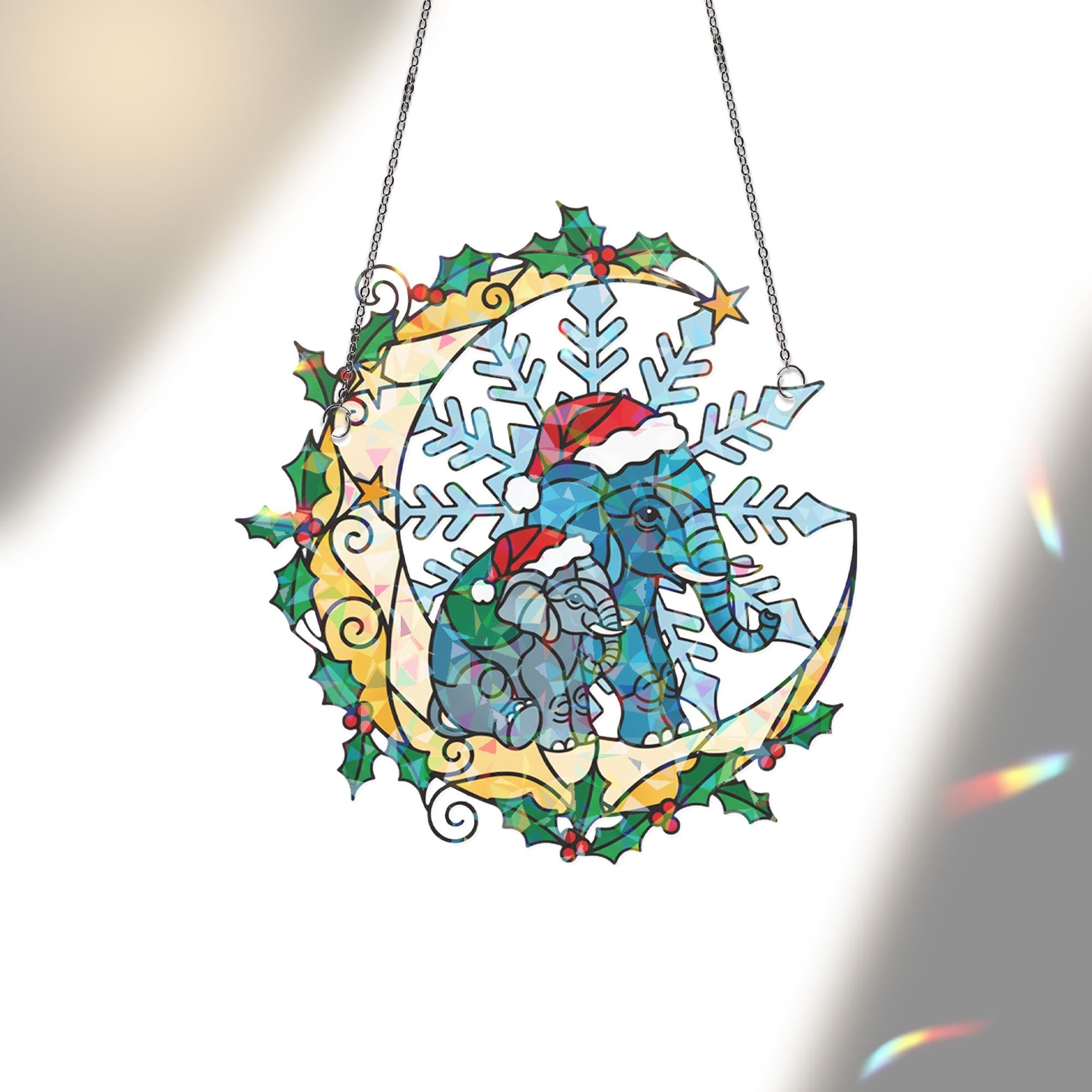 Elephant Christmas Window Hanging – Holographic Holiday Suncatcher Decor