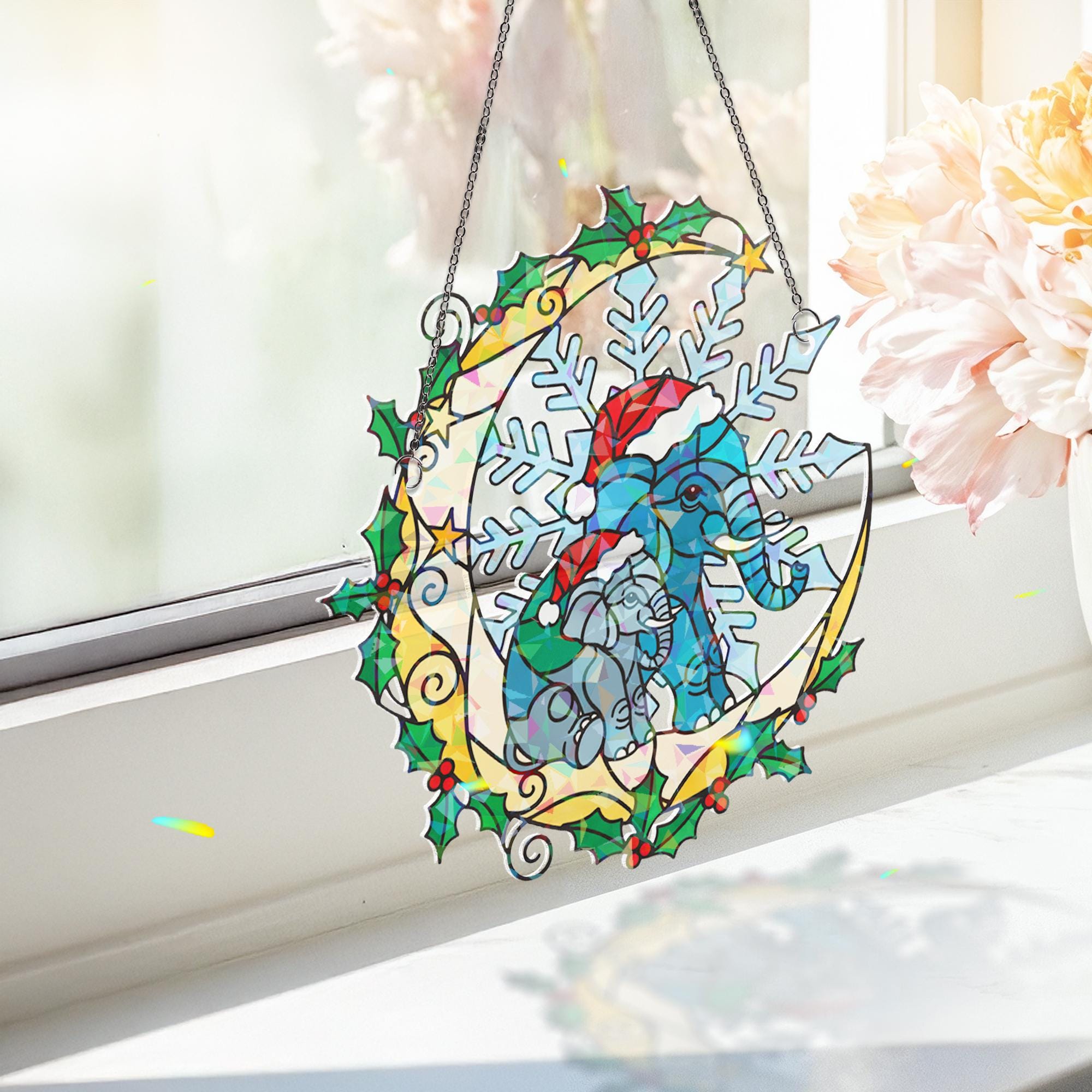 Elephant Christmas Window Hanging – Holographic Holiday Suncatcher Decor
