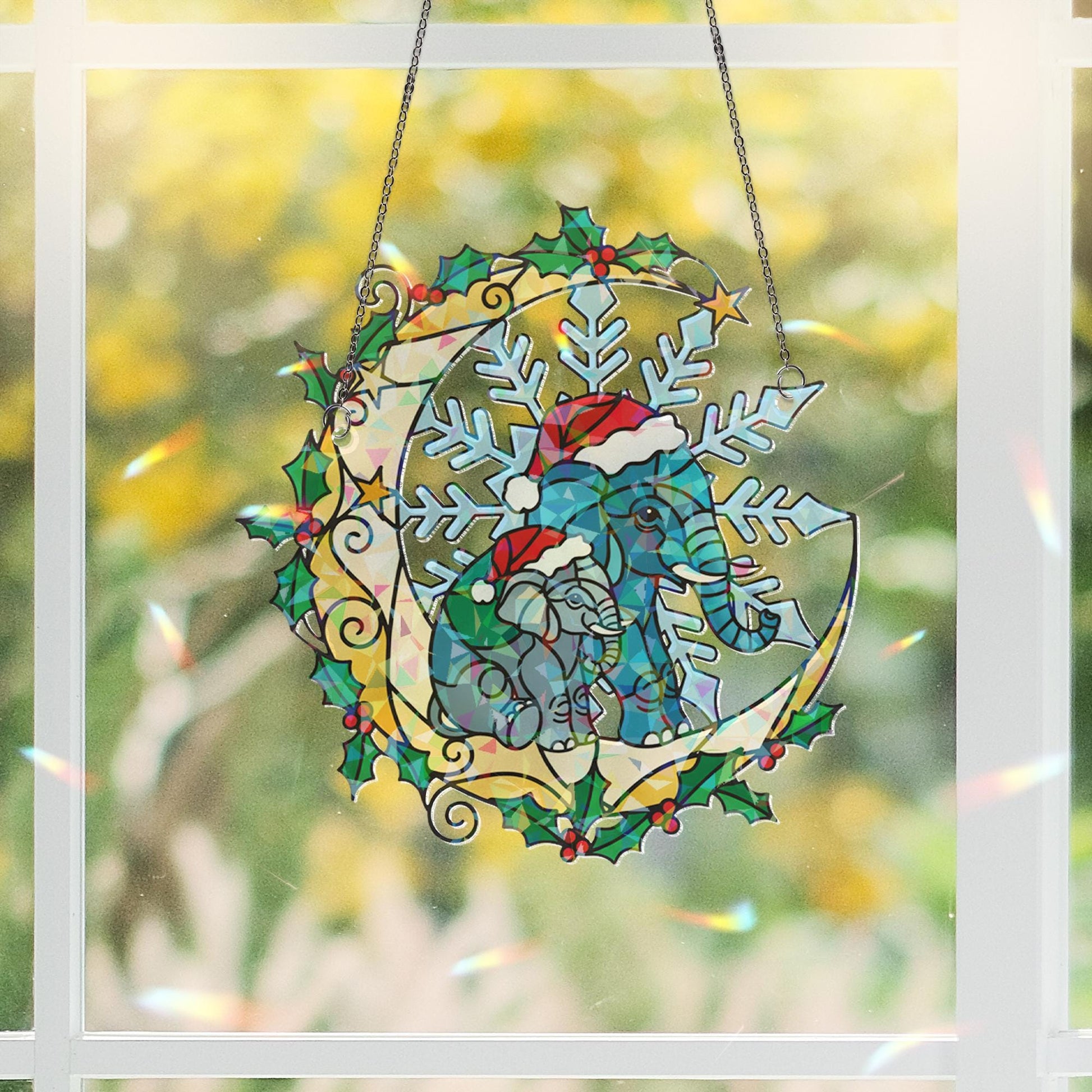 Elephant Christmas Window Hanging – Holographic Holiday Suncatcher Decor
