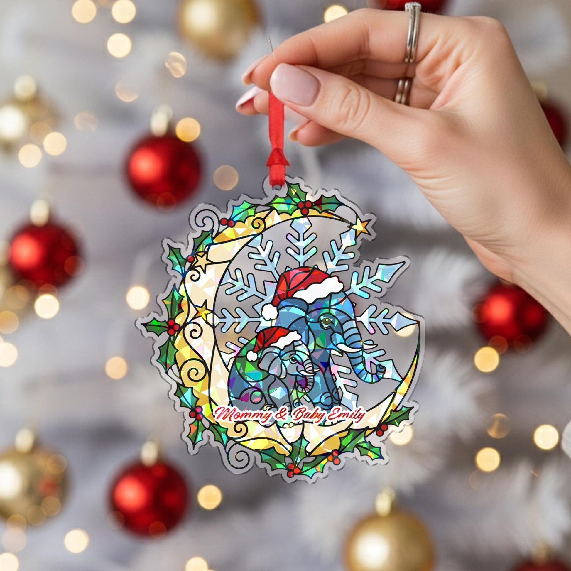 Personalized Elephant Ornament – Holographic Christmas Family Decoration