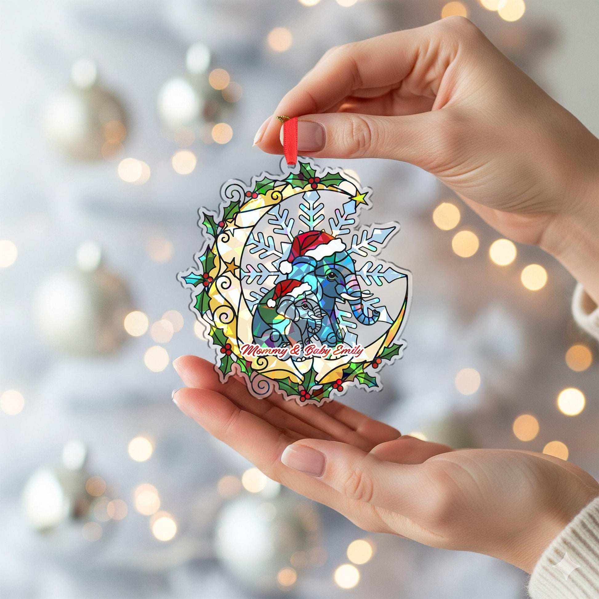 Personalized Elephant Ornament – Holographic Christmas Family Decoration