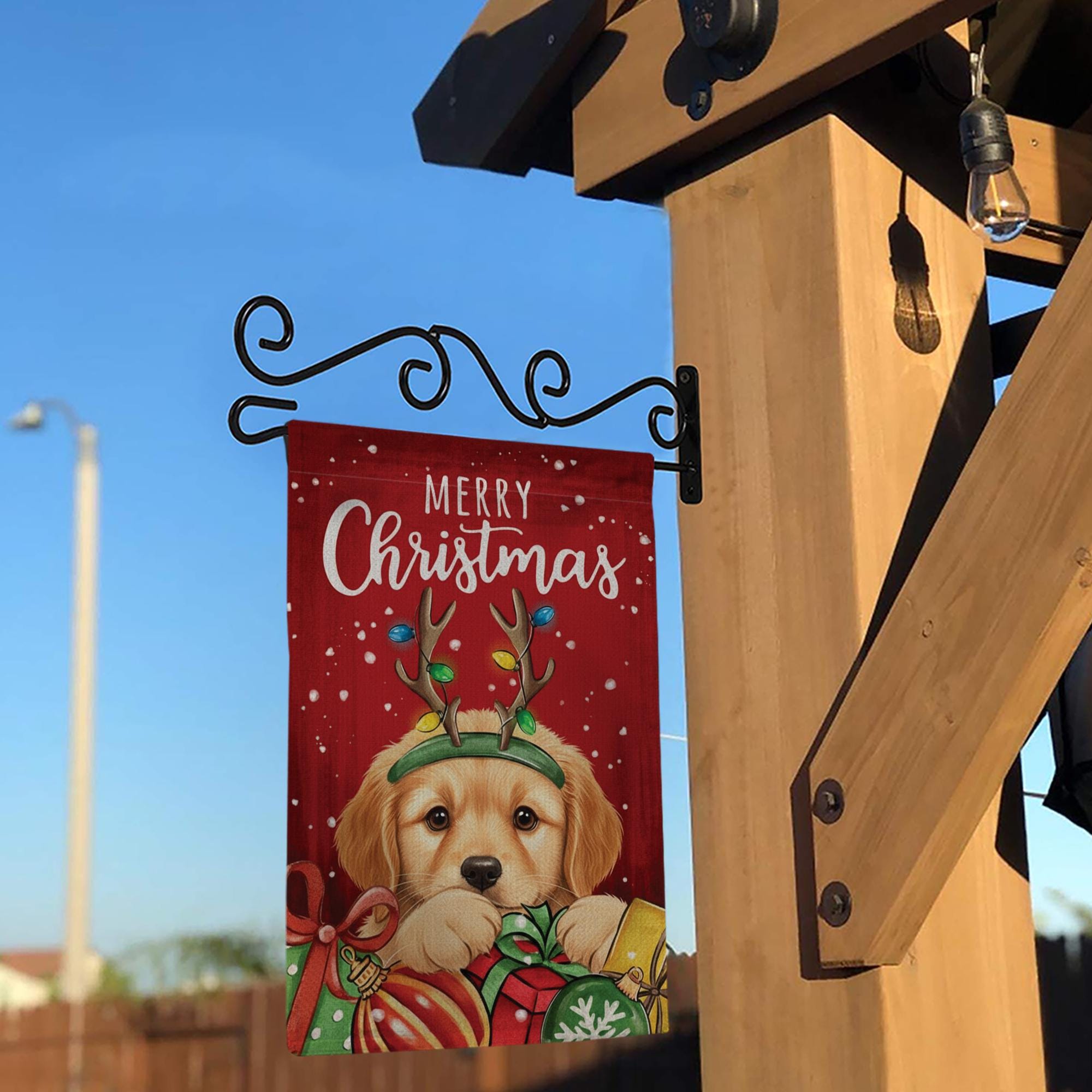 Christmas Dog Garden Flag – Merry Christmas Outdoor Yard Banner with Puppy and Gifts Design