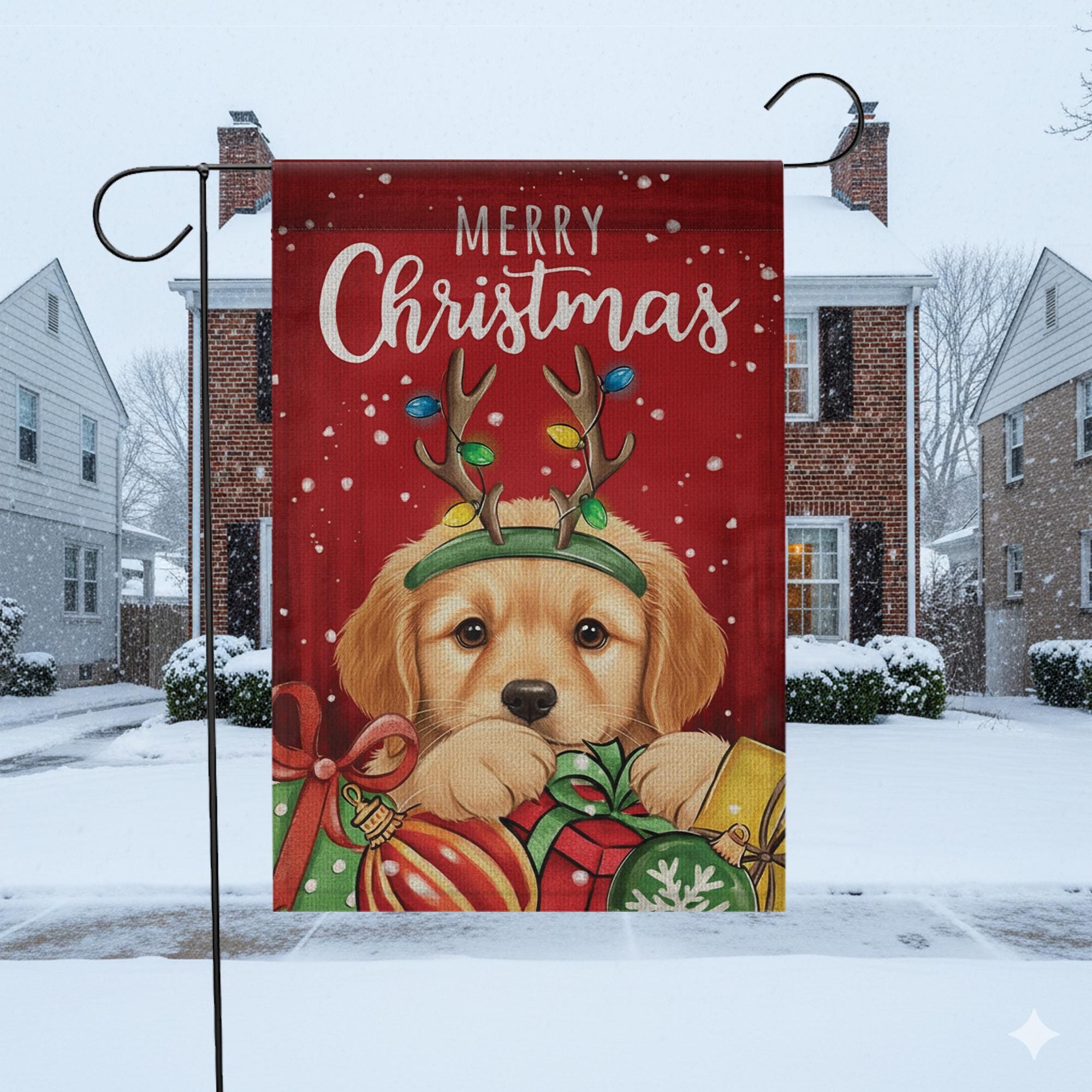 Christmas Dog Garden Flag – Merry Christmas Outdoor Yard Banner with Puppy and Gifts Design