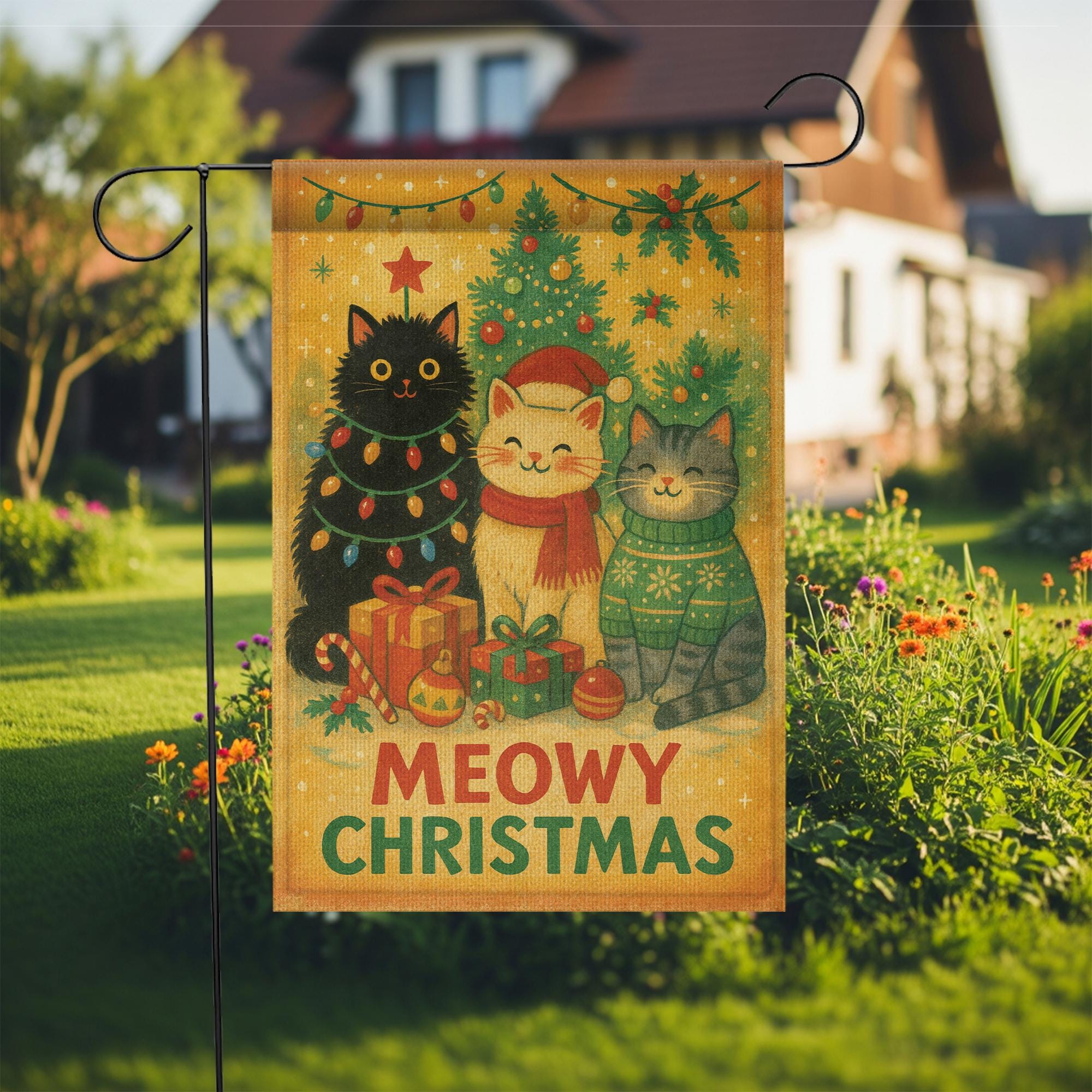 Meowy Christmas Garden Flag – Holiday Outdoor Cat Lover Yard Decoration