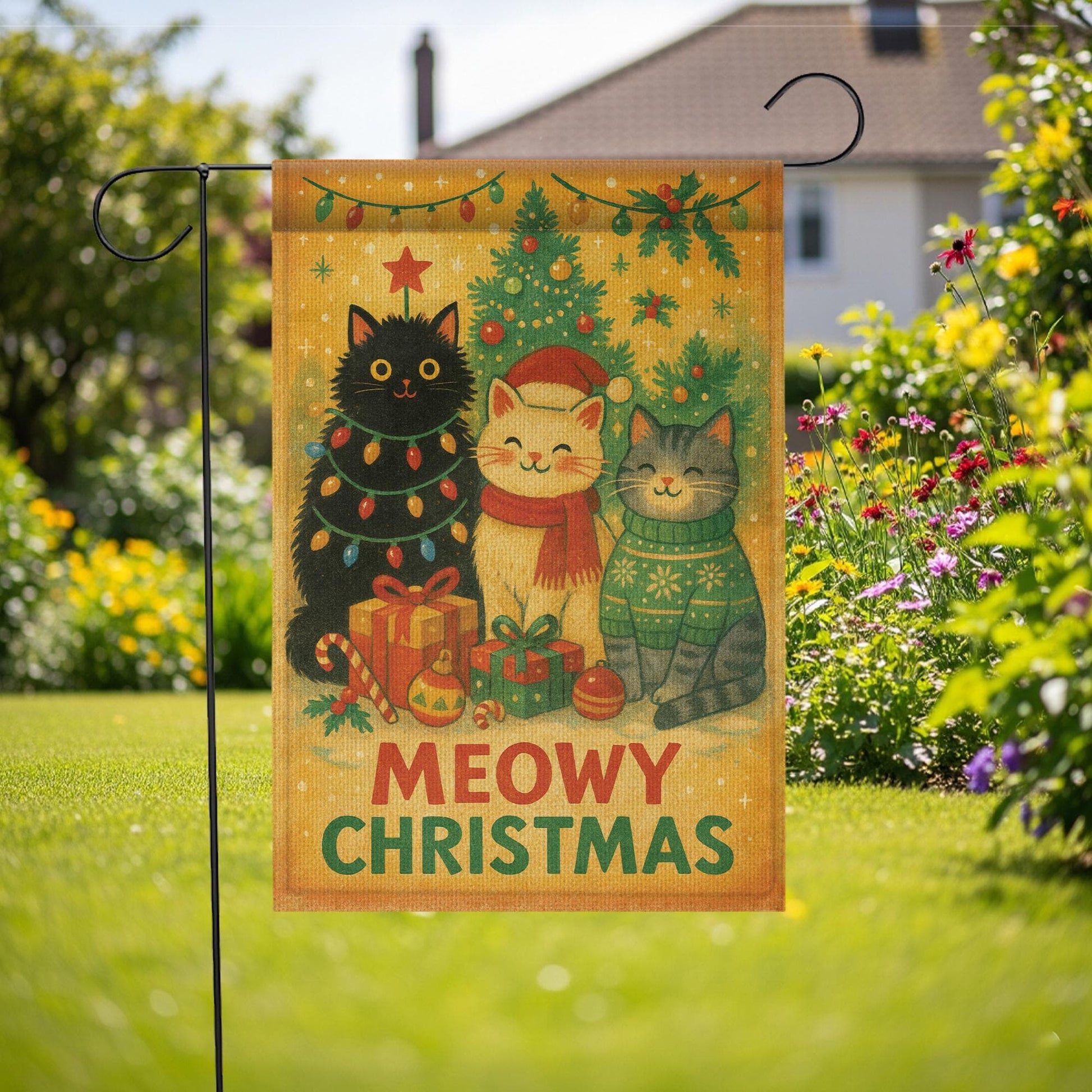 Meowy Christmas Garden Flag – Holiday Outdoor Cat Lover Yard Decoration