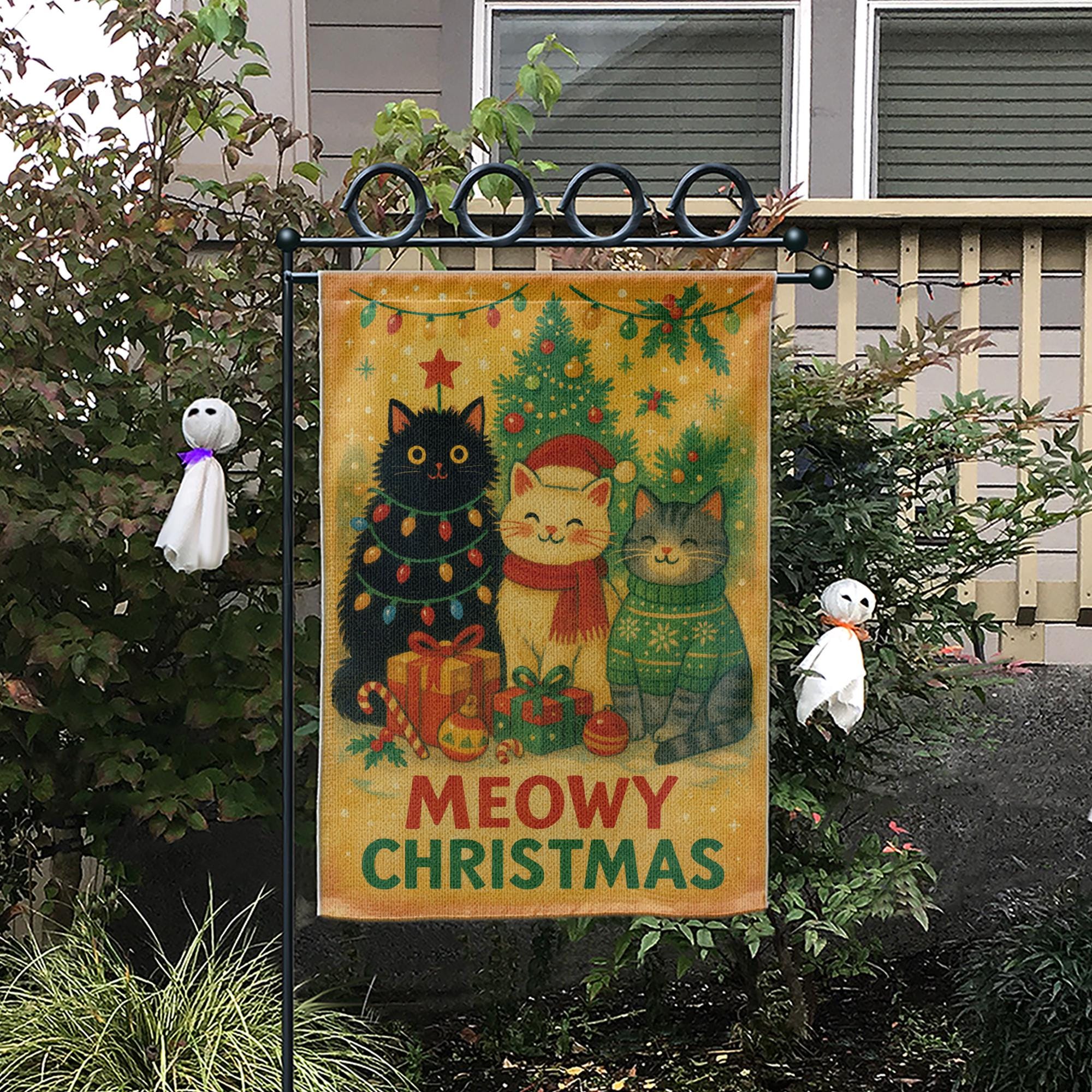 Meowy Christmas Garden Flag – Holiday Outdoor Cat Lover Yard Decoration