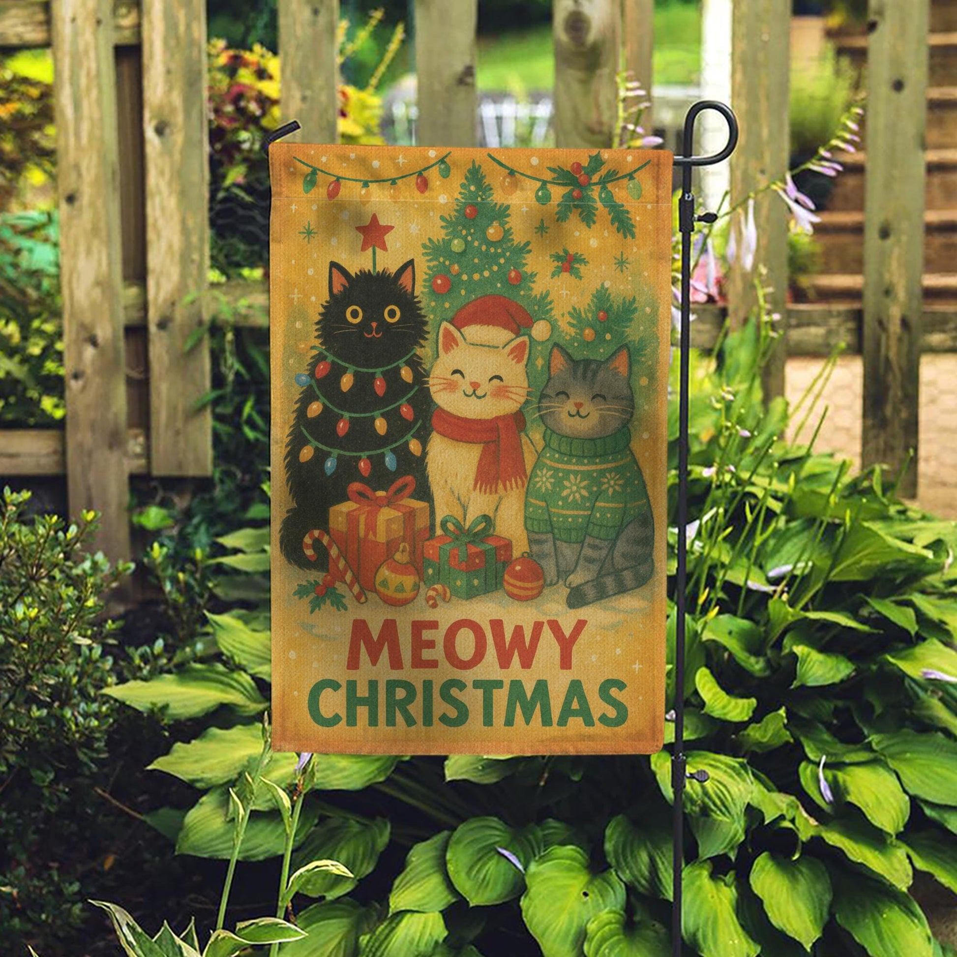 Meowy Christmas Garden Flag – Holiday Outdoor Cat Lover Yard Decoration