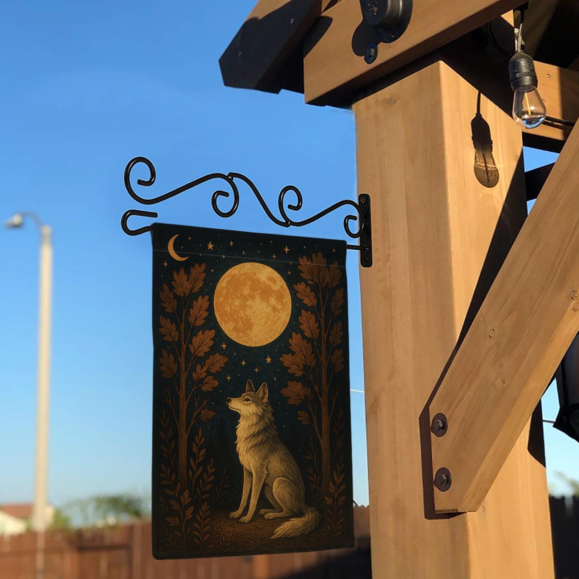Wolf Garden Flag – Outdoor Yard Banner with Full Moon and Woodland Design