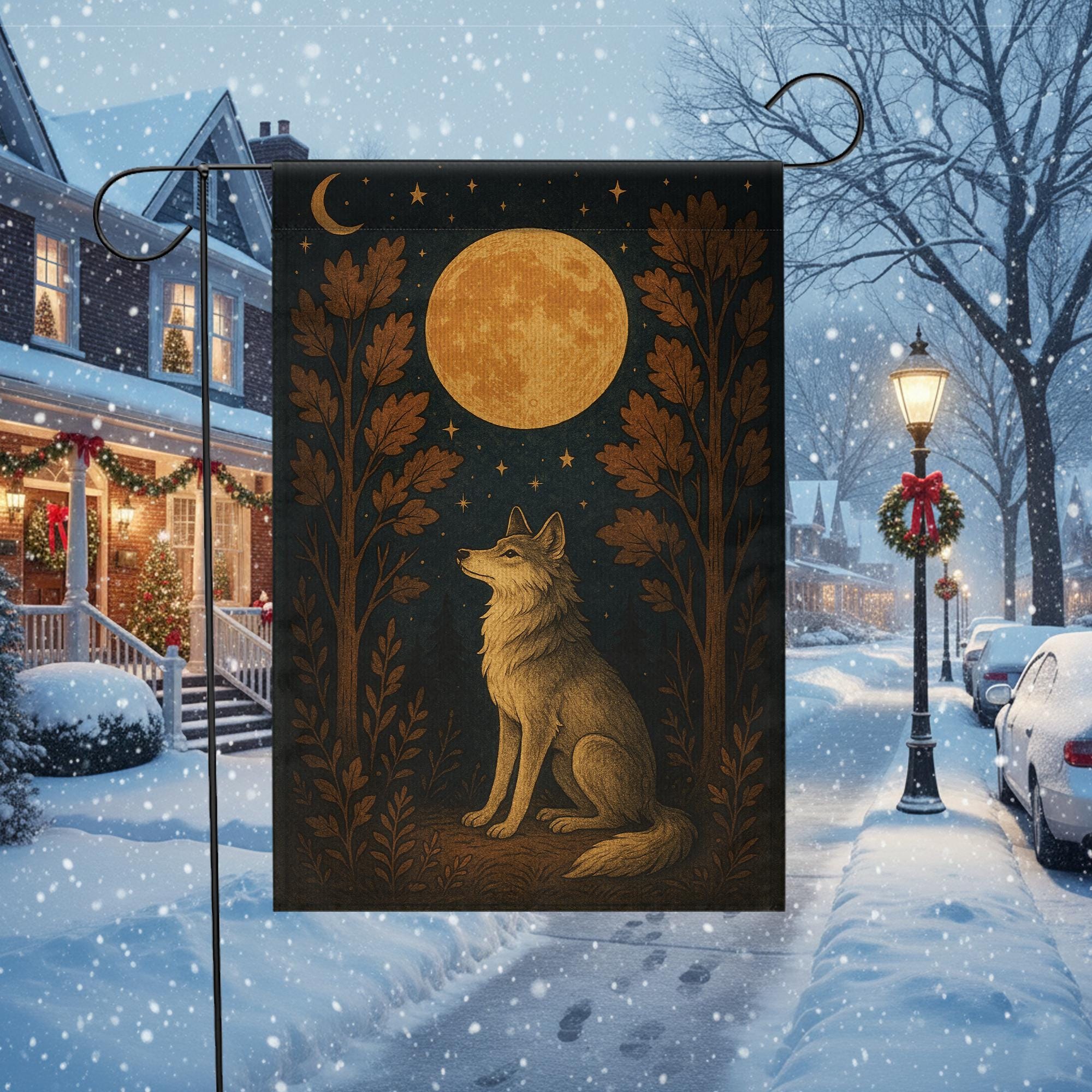 Wolf Garden Flag – Outdoor Yard Banner with Full Moon and Woodland Design