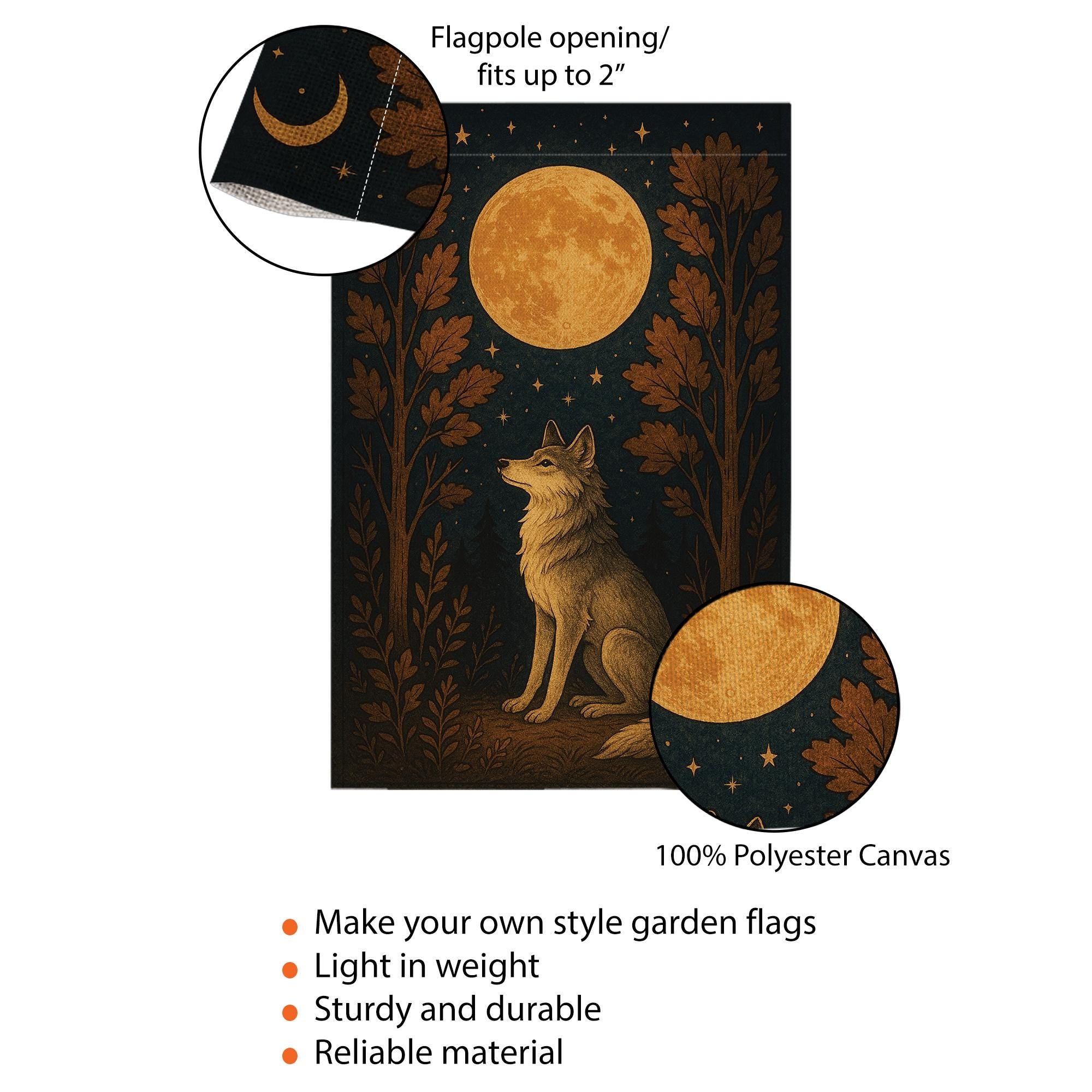 Wolf Garden Flag – Outdoor Yard Banner with Full Moon and Woodland Design