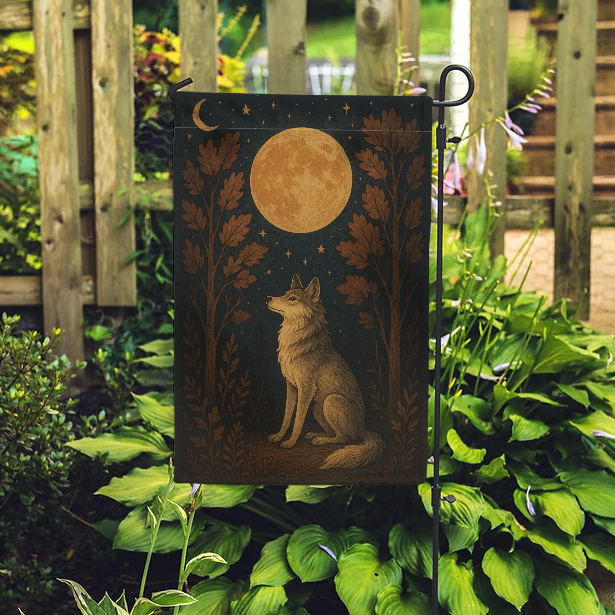 Wolf Garden Flag – Outdoor Yard Banner with Full Moon and Woodland Design