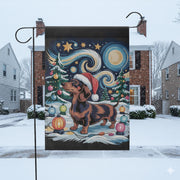 Christmas Dachshund Garden Flag – Outdoor Yard Banner with Santa Hat and Festive Lights Design
