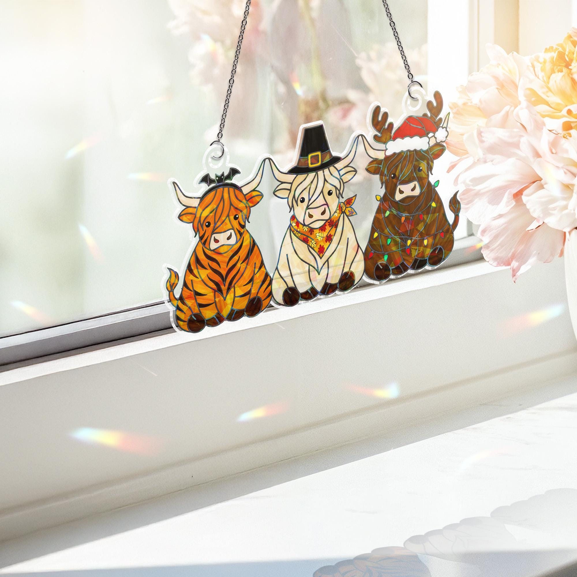 Hallothanksmas Window Hanging – Highland Cow Holographic Seasonal Holiday Decor