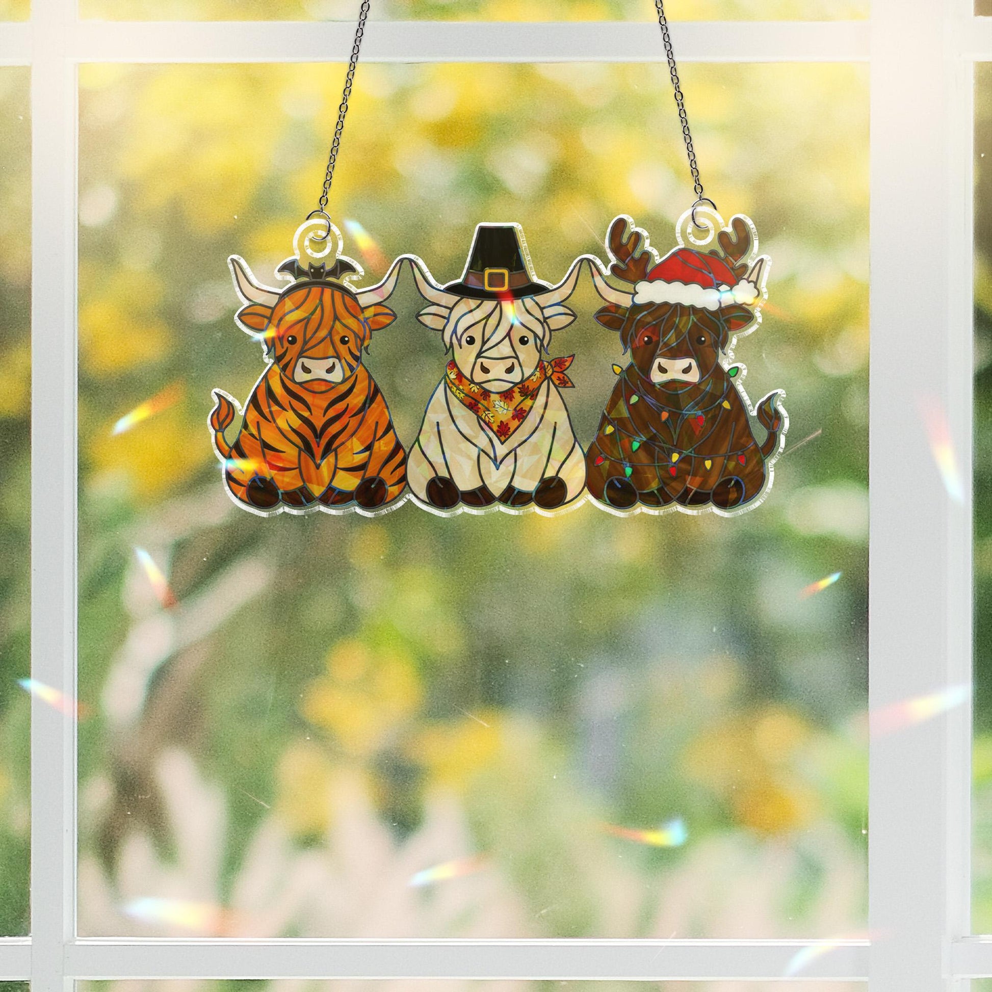 Hallothanksmas Window Hanging – Highland Cow Holographic Seasonal Holiday Decor