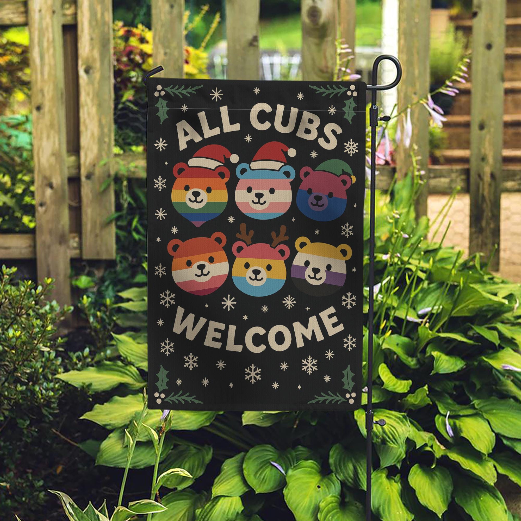 Bear Pride Garden Flag – All Cubs Welcome Outdoor Yard Banner with Rainbow Bear Design