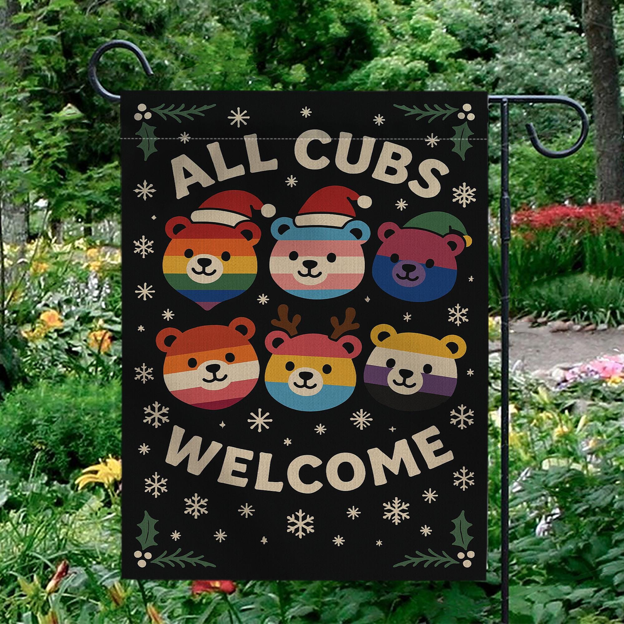 Bear Pride Garden Flag – All Cubs Welcome Outdoor Yard Banner with Rainbow Bear Design