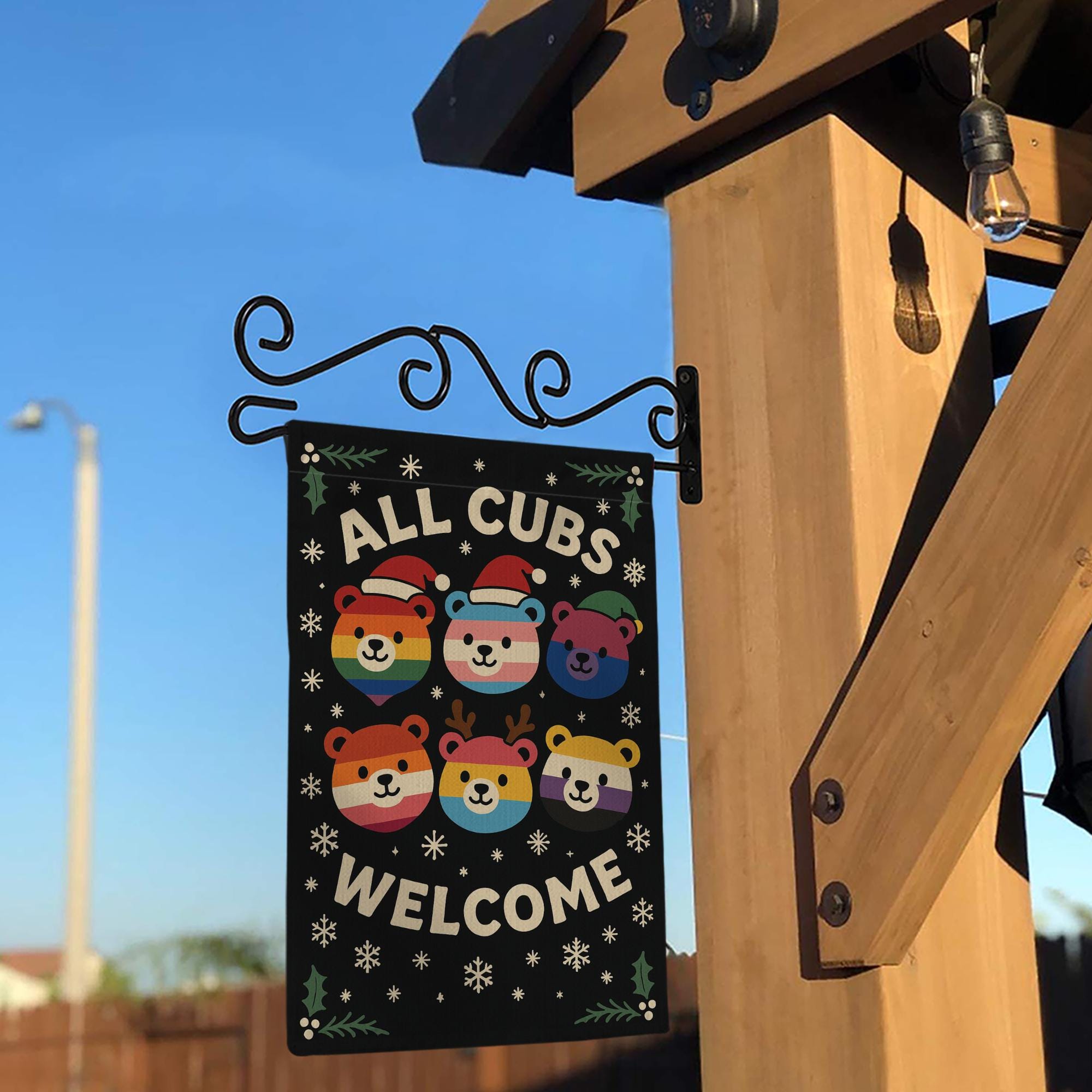 Bear Pride Garden Flag – All Cubs Welcome Outdoor Yard Banner with Rainbow Bear Design