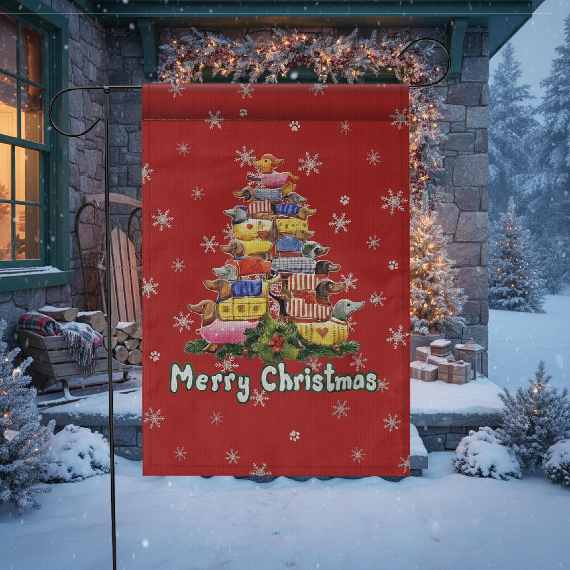 Christmas Dachshund Garden Flag – Merry Christmas Outdoor Yard Banner with Dog and Gift Design