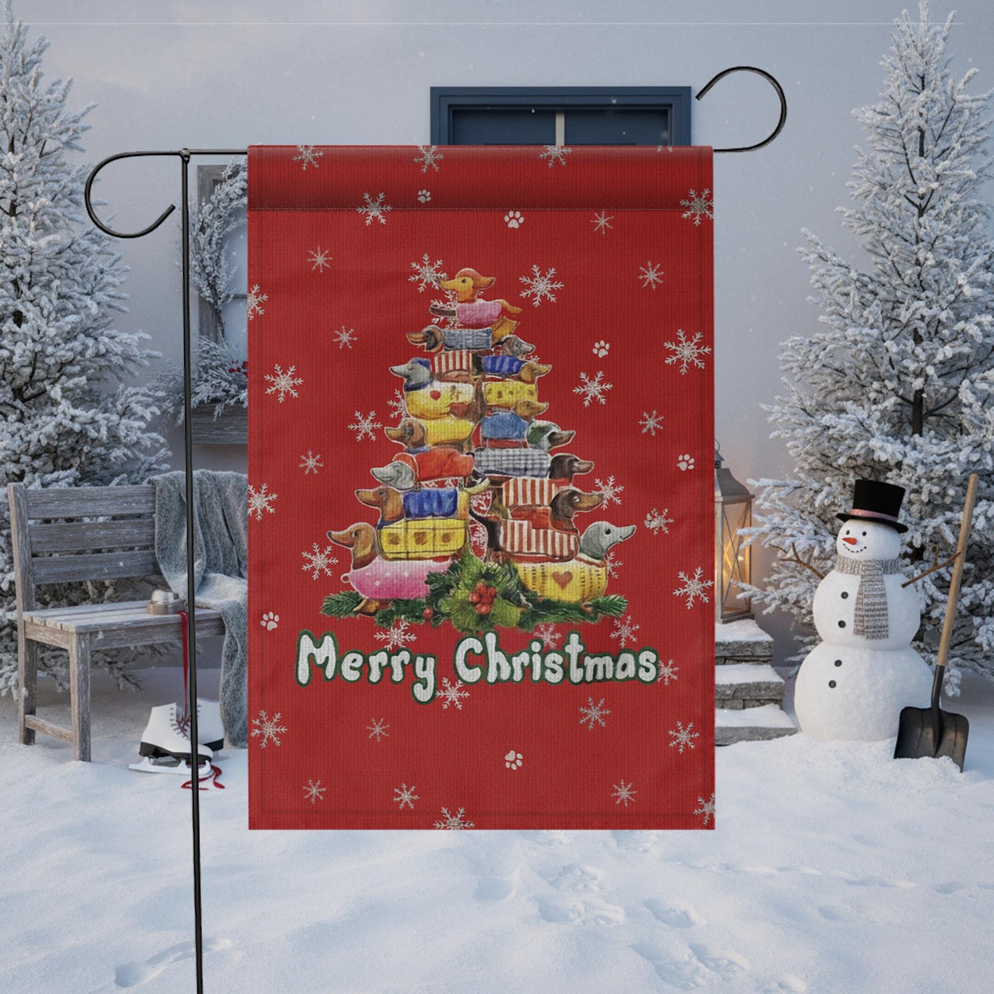 Christmas Dachshund Garden Flag – Merry Christmas Outdoor Yard Banner with Dog and Gift Design