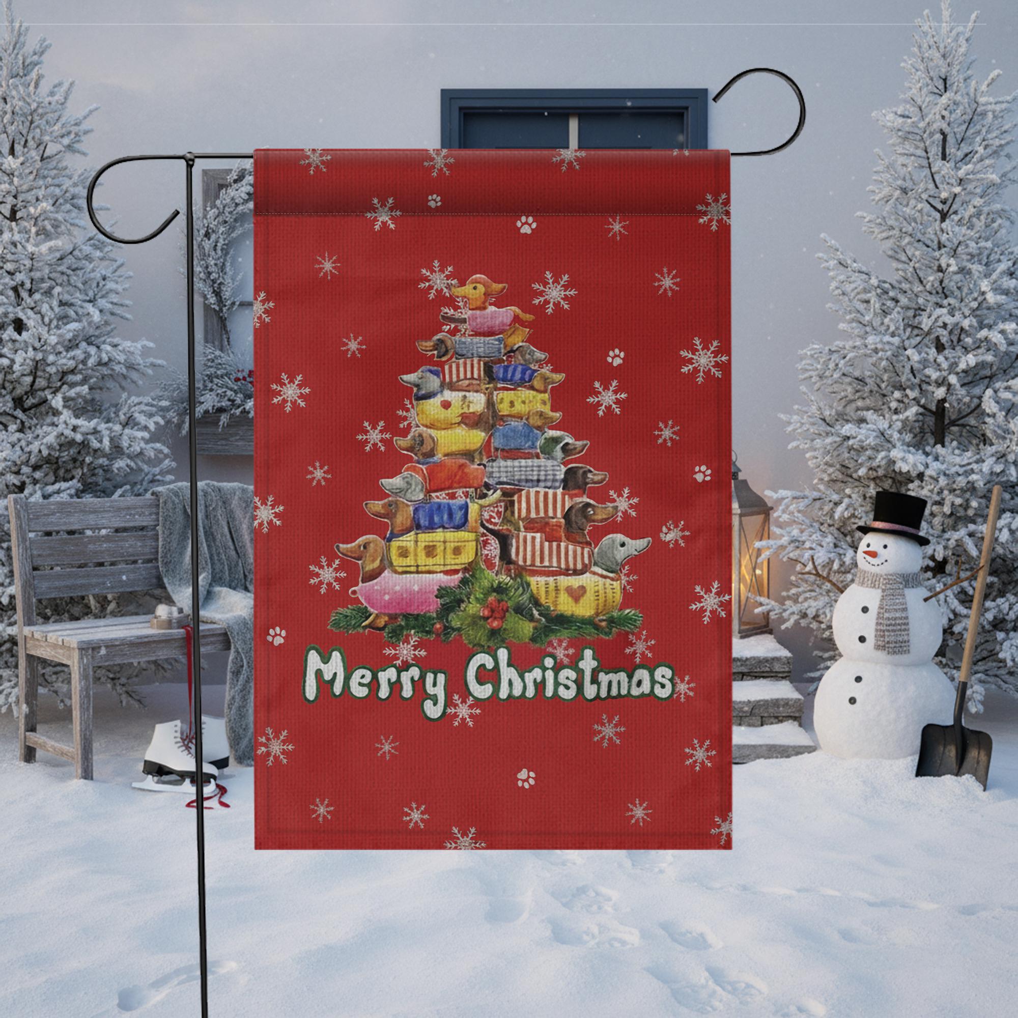 Christmas Dachshund Garden Flag – Merry Christmas Outdoor Yard Banner with Dog and Gift Design