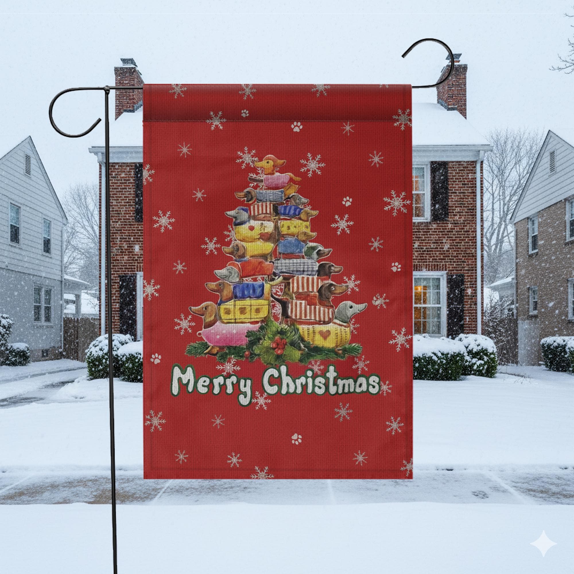 Christmas Dachshund Garden Flag – Merry Christmas Outdoor Yard Banner with Dog and Gift Design