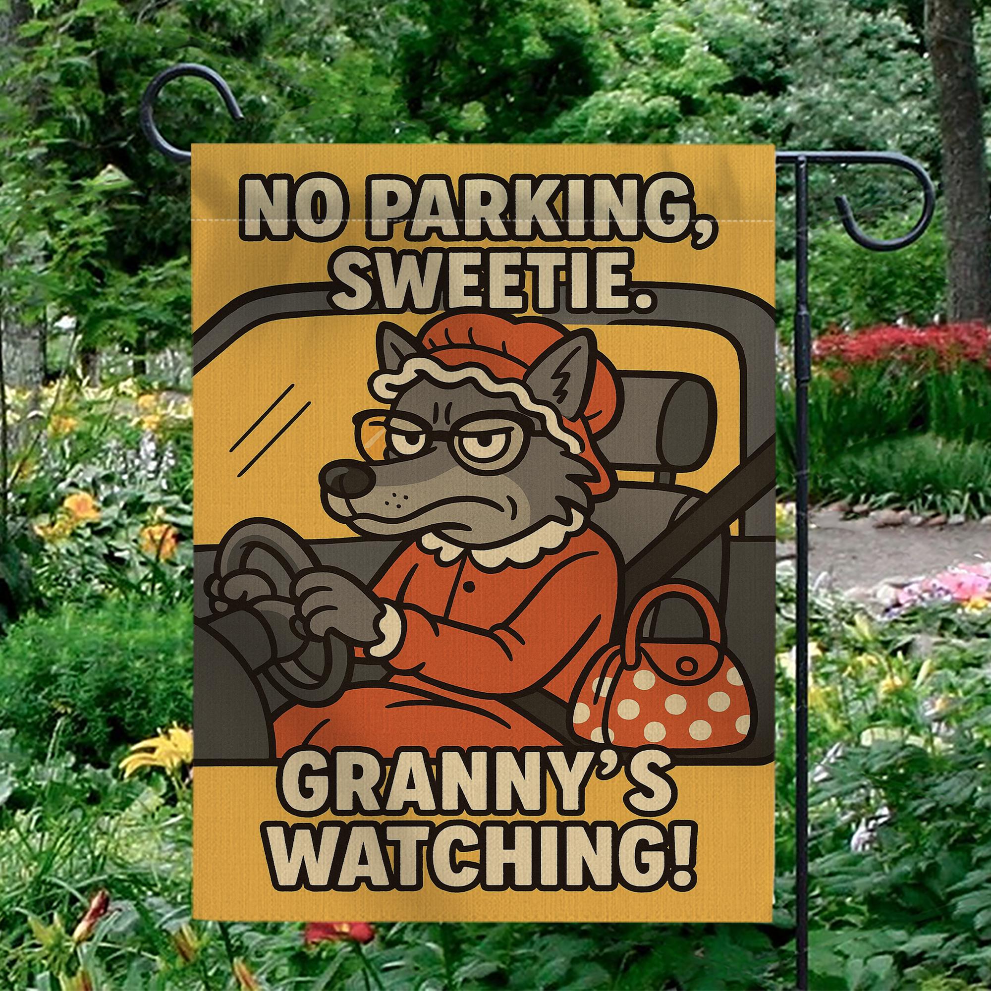 Funny Garden Flag – No Parking Sweetie Outdoor Yard Banner with Granny Wolf Design