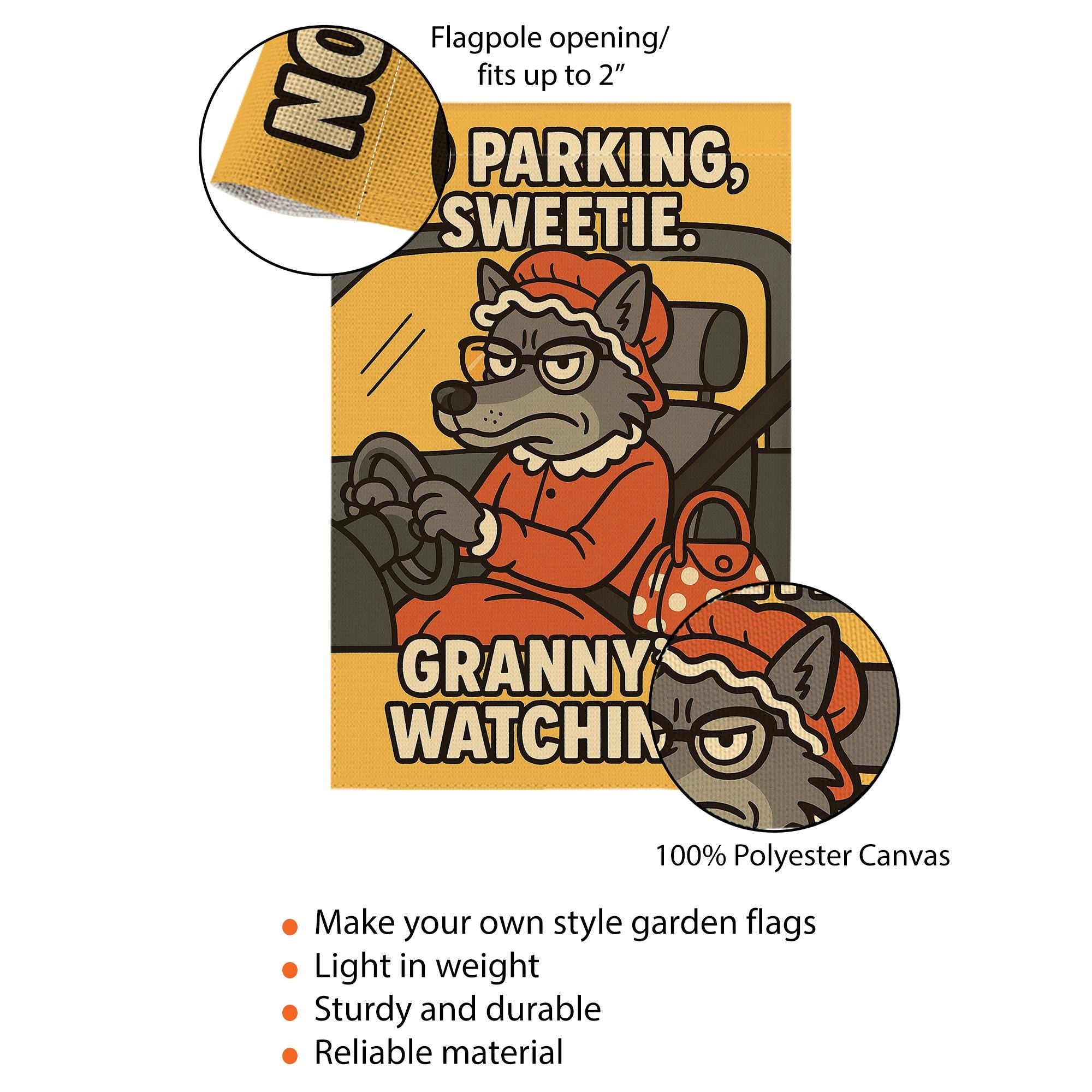 Funny Garden Flag – No Parking Sweetie Outdoor Yard Banner with Granny Wolf Design