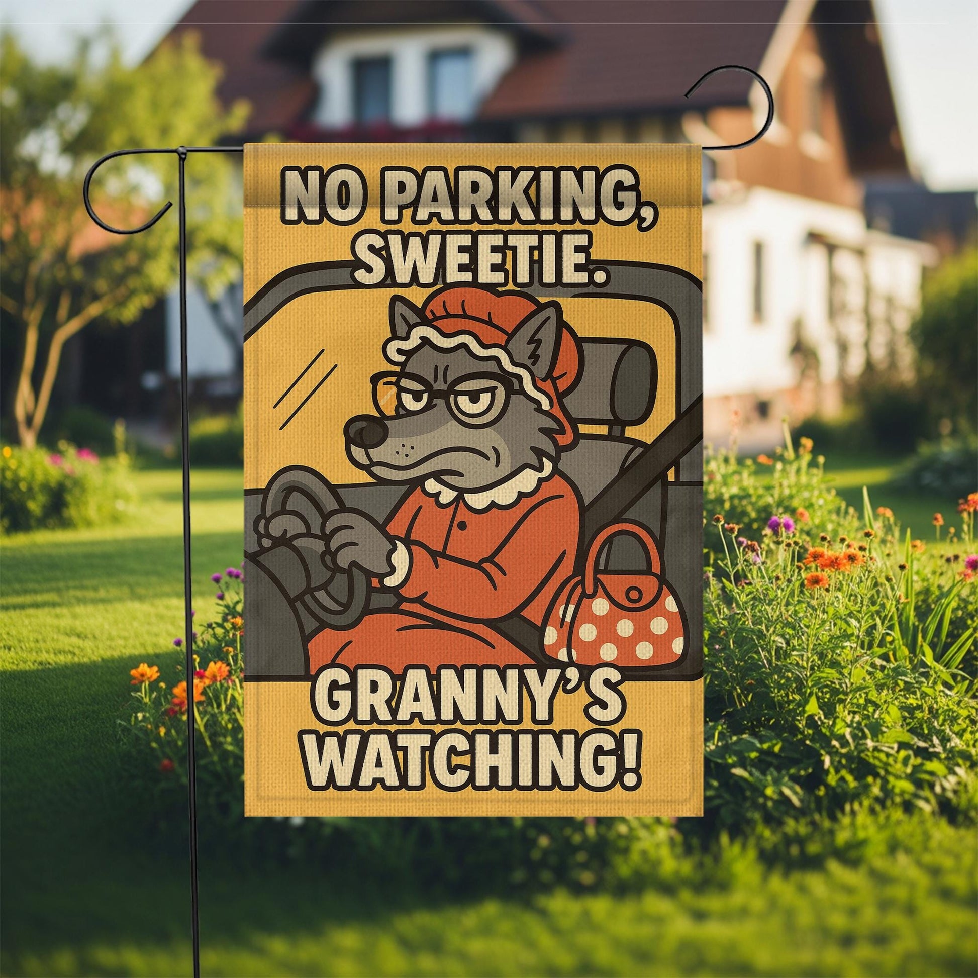 Funny Garden Flag – No Parking Sweetie Outdoor Yard Banner with Granny Wolf Design