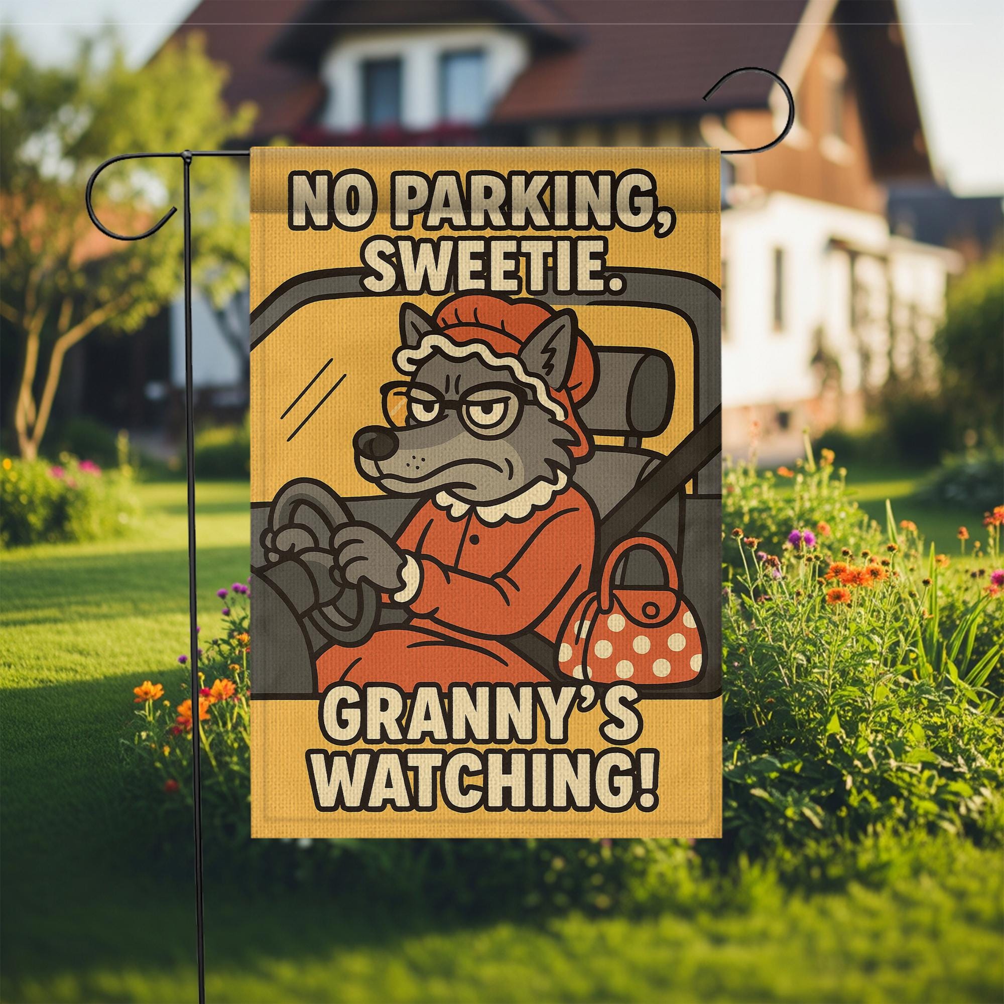 Funny Garden Flag – No Parking Sweetie Outdoor Yard Banner with Granny Wolf Design